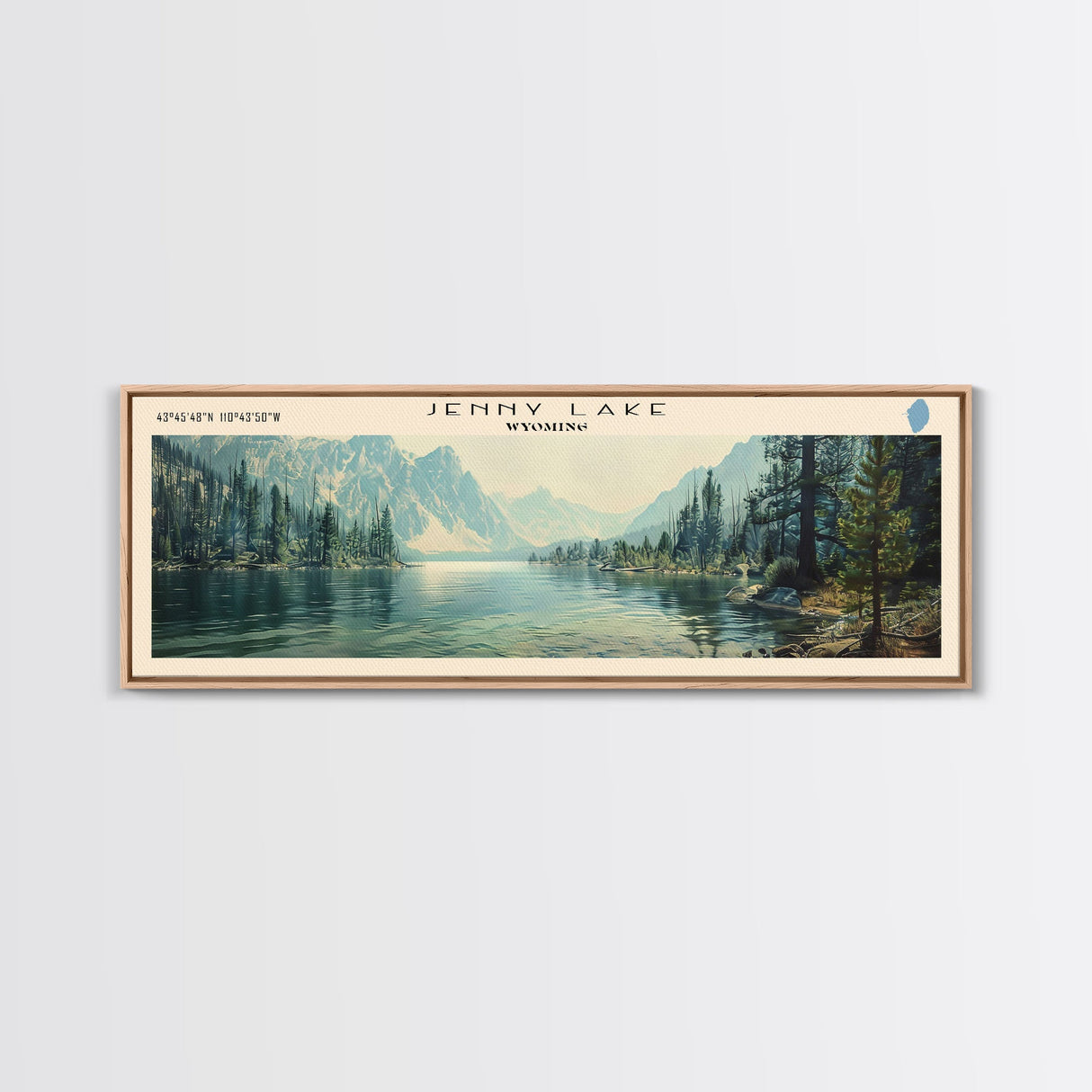 Jenny Lake Wyoming Framed Canvas Print, Lake House Decor, Panoramic Wall Art, Travel Poster, Beautiful Lake Painting, Nature Art