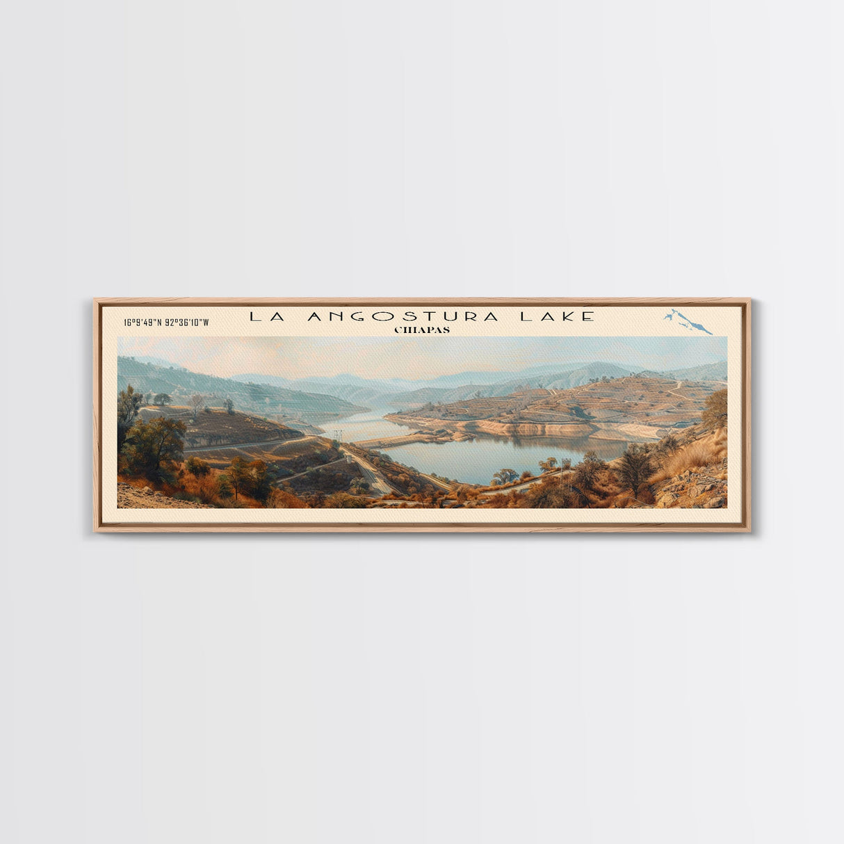 La Angustura Dam Framed Canvas Print, Lake House Art, Panoramic Wall Art, Travel Poster, Beautiful Lake Painting, Home Decor