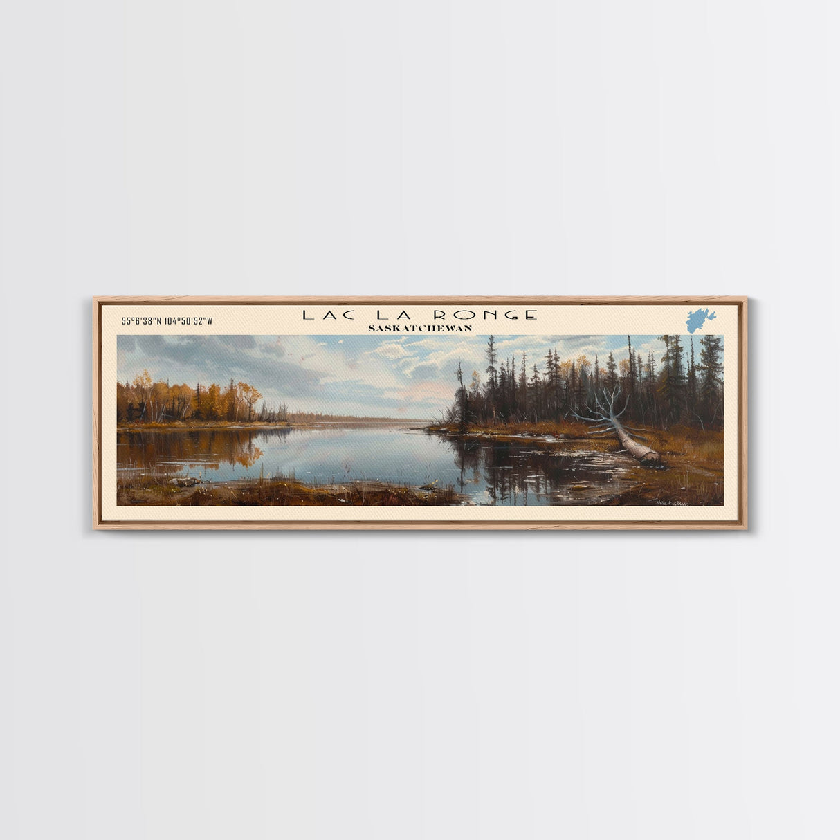 Lac La Ronge Framed Canvas Print, Lake House Art, Panoramic Wall Art, Travel Poster, Captivating Lake Painting, Nature Art