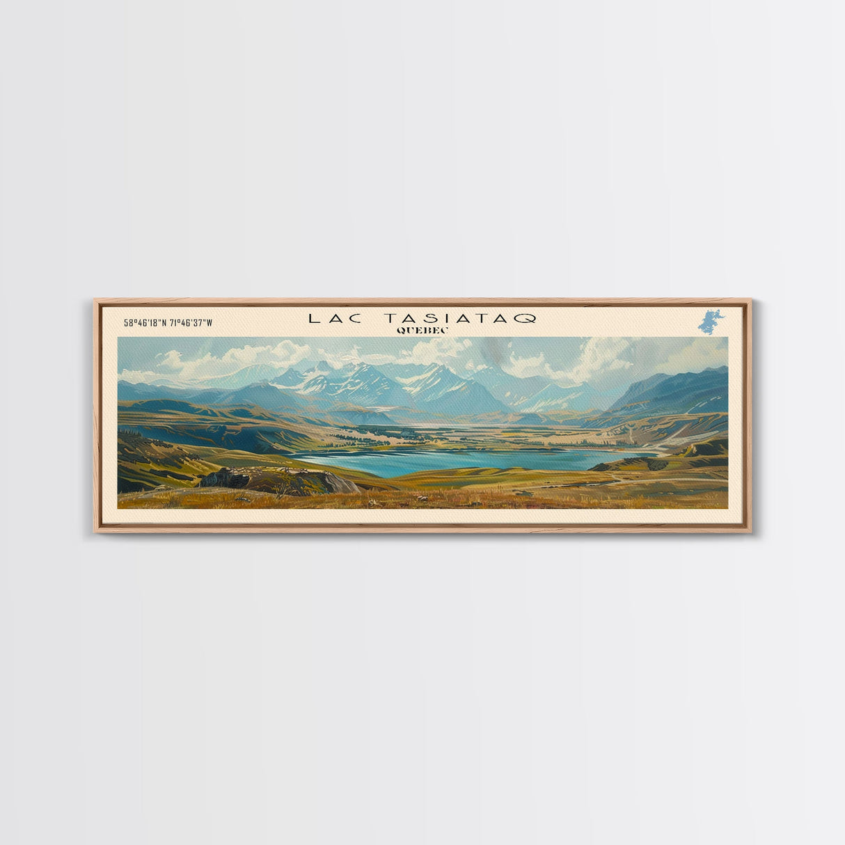 Lac Tasiataq Framed Canvas Print, Panoramic Lake House Decor, Wall Art, Travel Poster, Scenic Lake Painting, Nature Art