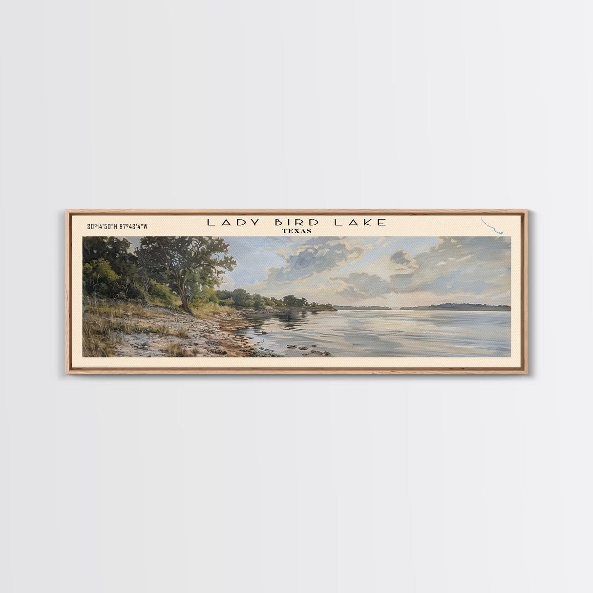 Lady Bird Lake Texas Framed Canvas Print, Lake House Decor, Panoramic Wall Art, Travel Poster, Beautiful Lake Painting, Nature Art