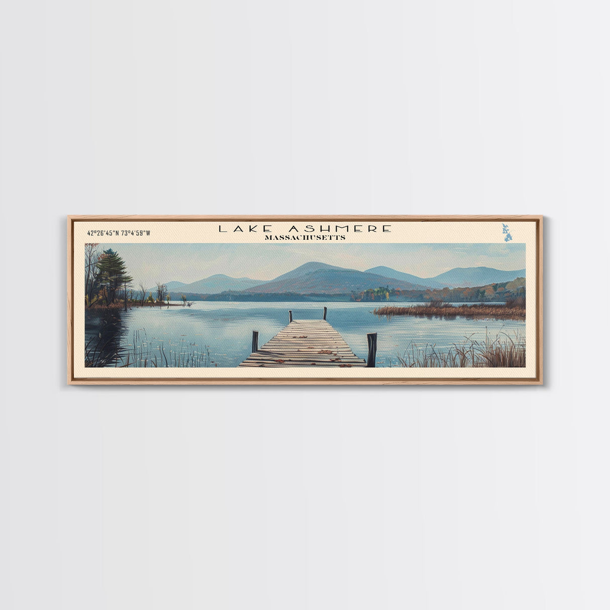 Lake Ashmere Massachusetts Framed Canvas Print, Panoramic Lake House Decor, Wall Art, Travel Poster, Captivating Lake Painting, Nature Art