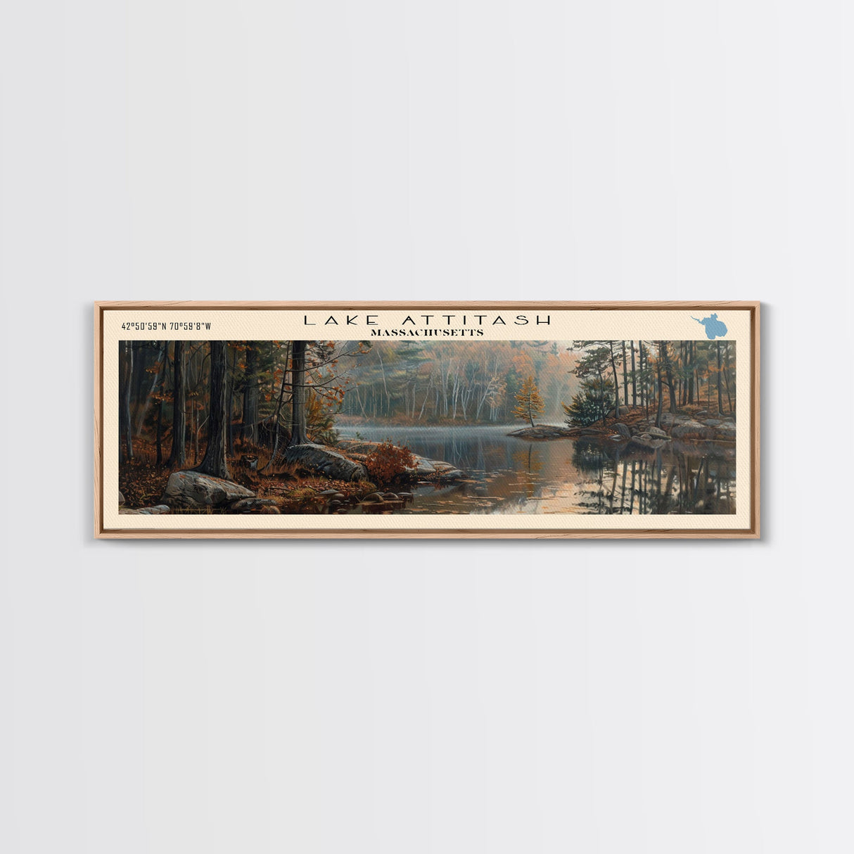 Lake Attitash Massachusetts Framed Canvas Print, Lake House Art, Panoramic Wall Art, Travel Poster, Scenic Lake Painting, Nature Art