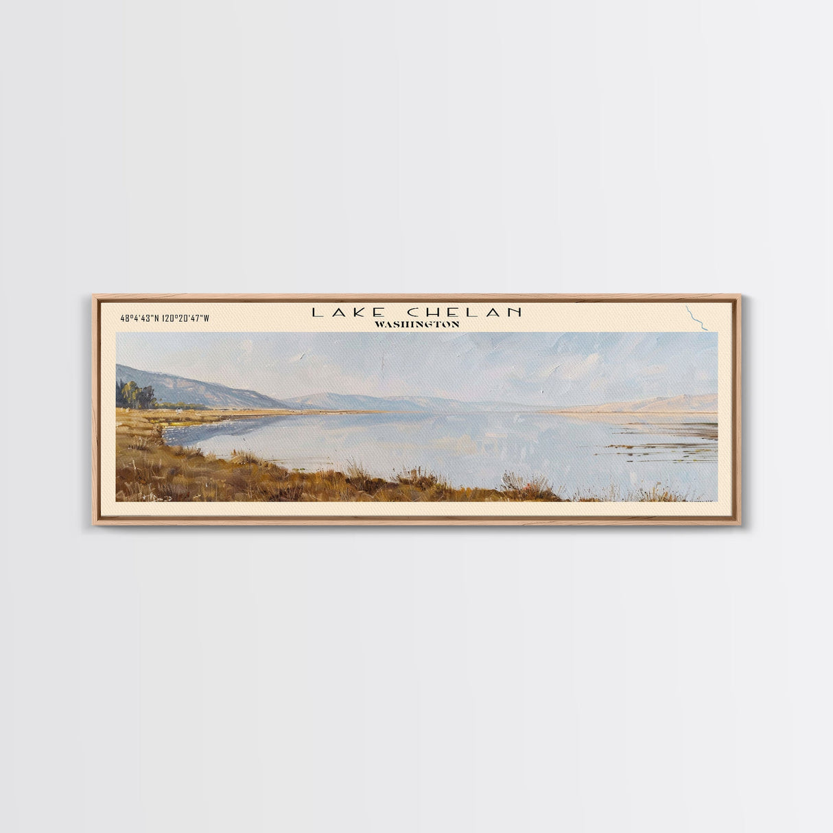 Lake Chelan Washington Framed Canvas Print, Lake House Decor, Panoramic Wall Art, Travel Poster, Scenic Lake Painting, Nature Art