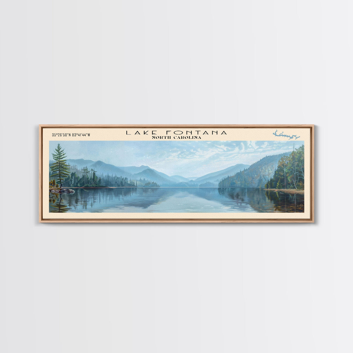 Lake Fontana North Carolina Framed Canvas Print, Lake House Decor, Panoramic Wall Art, Travel Poster, Beautiful Lake Painting, Home Art