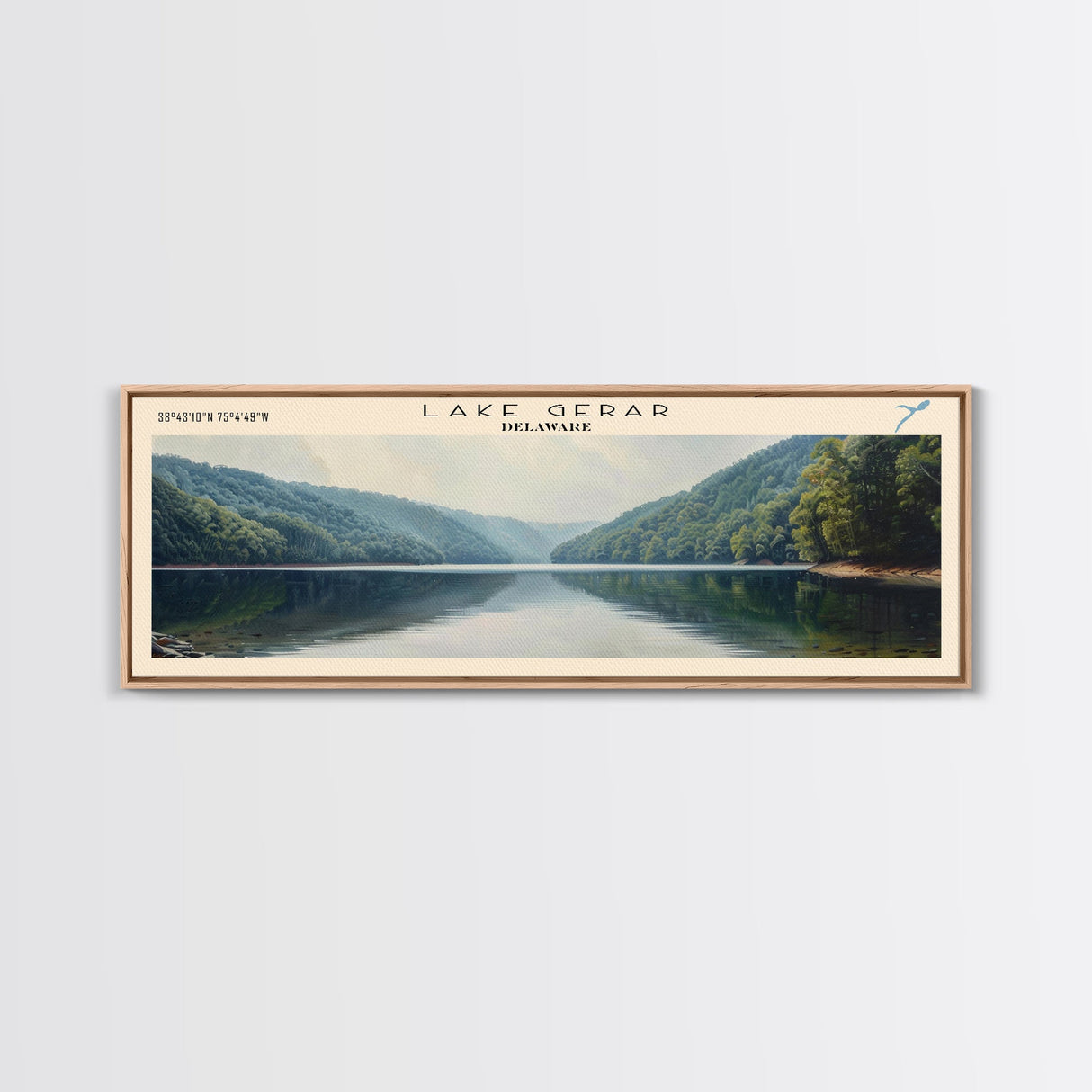 Lake Gerar Delaware Framed Canvas Print, Lake House Decor, Panoramic Wall Art, Travel Poster, Beautiful Lake Painting, Home Art