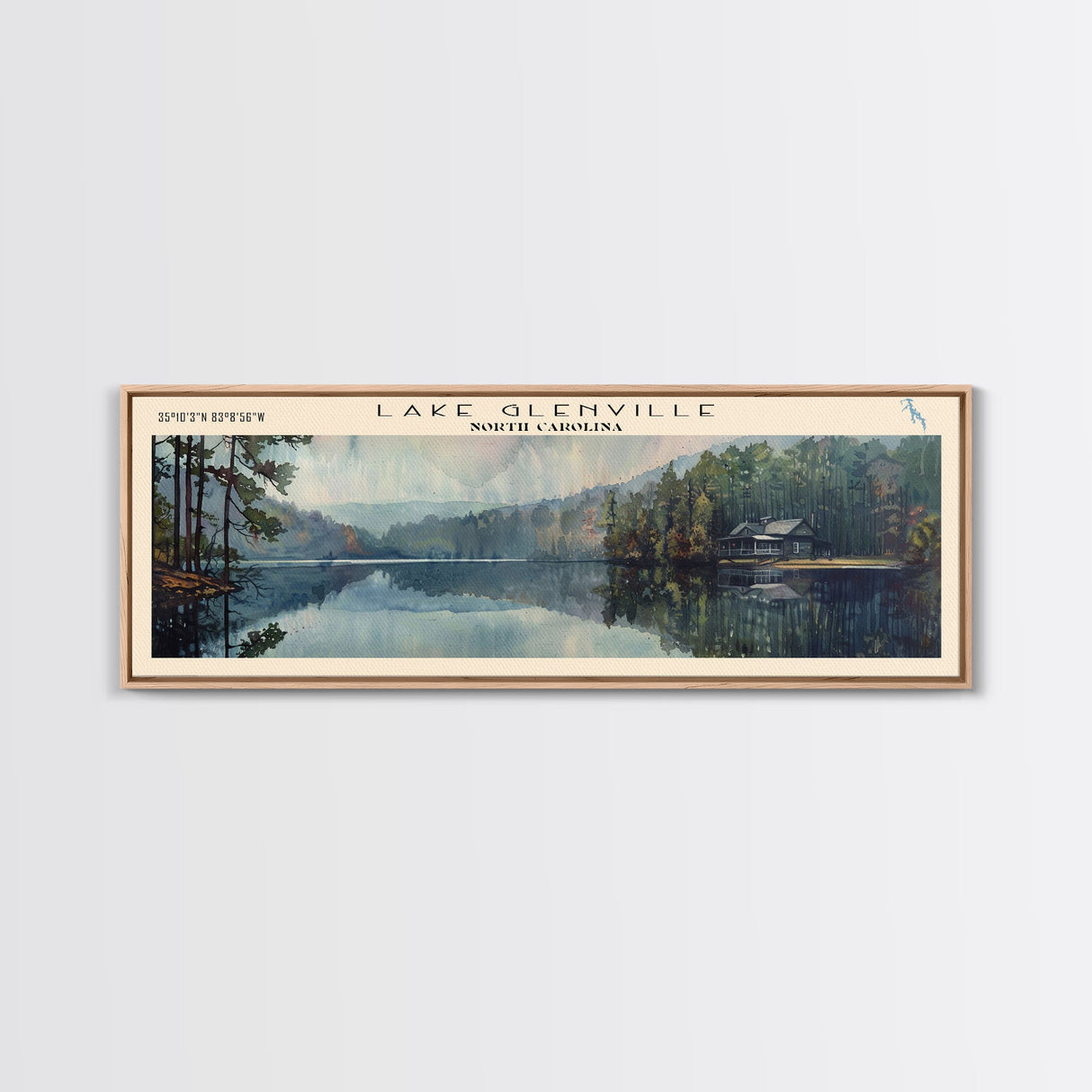 Lake Glenville North Carolina Framed Canvas Print, Lake House Decor, Panoramic Wall Art, Travel Poster, Scenic Lake Painting, Nature Art