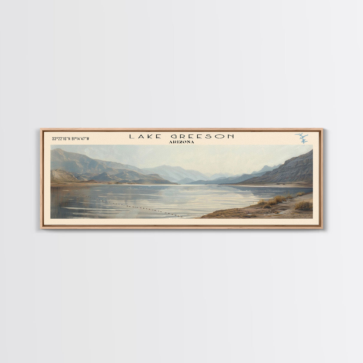 Lake Greeson Arizona Framed Canvas Print, Lake House Decor, Panoramic Wall Art, Travel Poster, Serene Lake Painting, Home Art