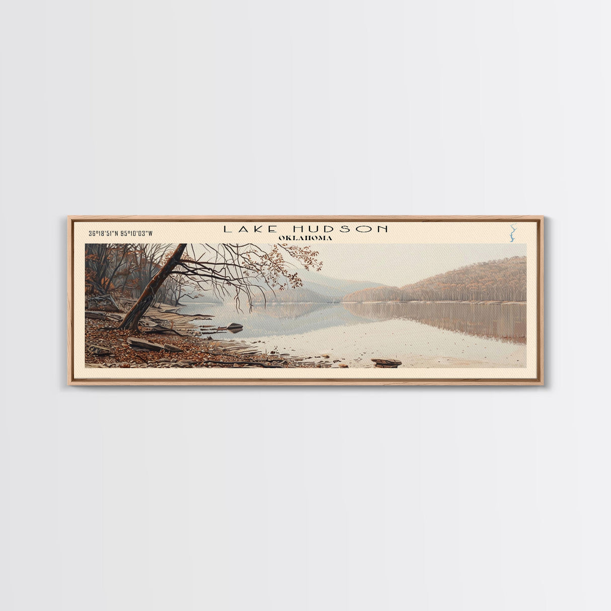 Lake Hudson Oklahoma Framed Canvas Print, Lake House Decor, Panoramic Wall Art, Travel Poster, Serene Lake Painting, Nature Art