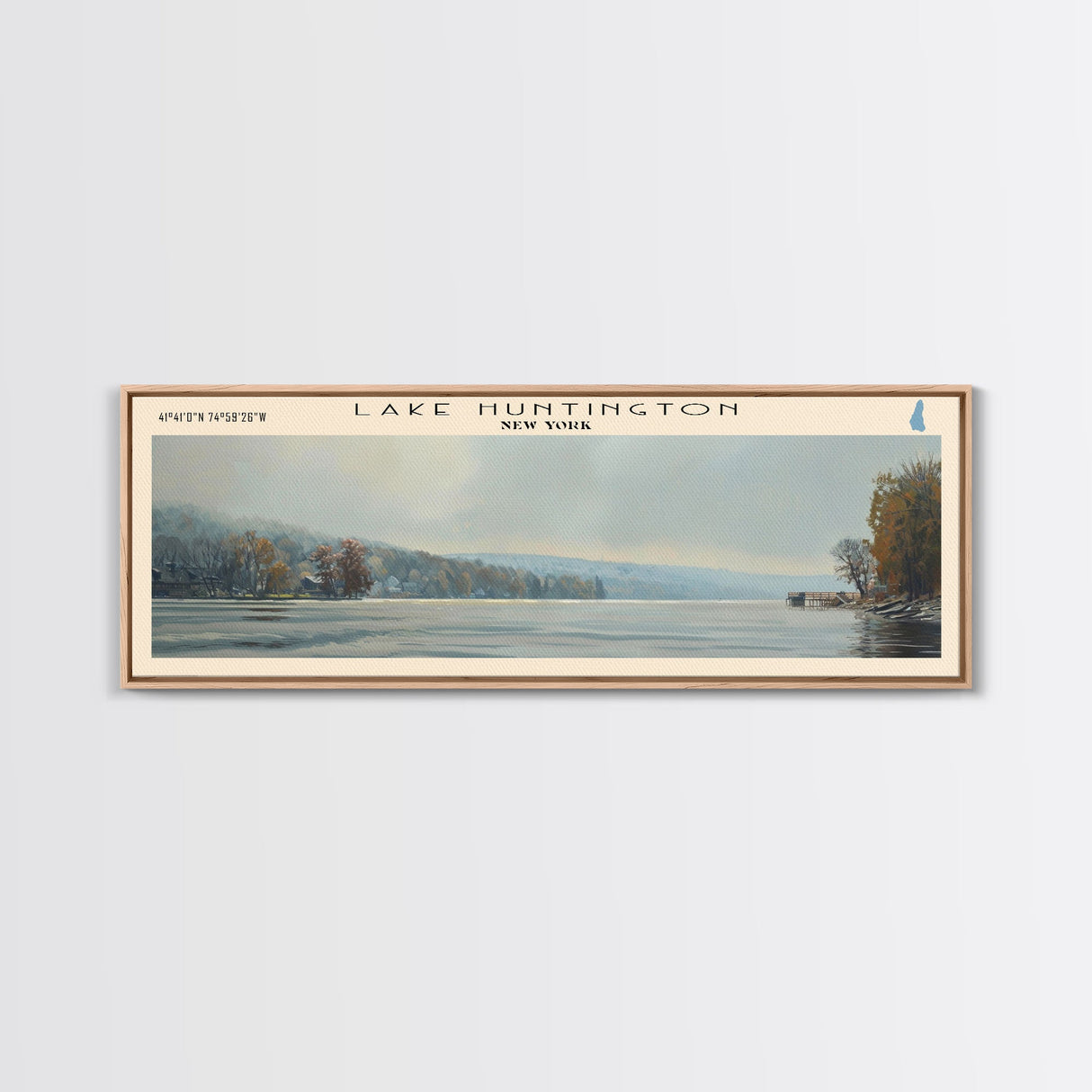 Lake Huntington New York Framed Canvas Print, Lake House Decor, Panoramic Wall Art, Travel Poster, Scenic Landscape Painting, Nature Art