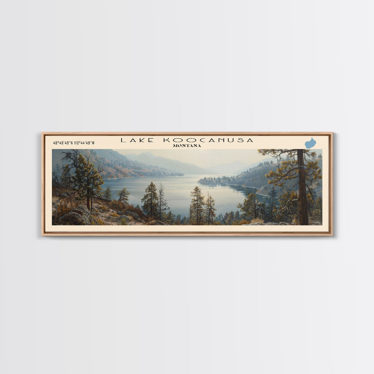 Lake Koocanusa Montana Framed Canvas Print, Lake House Decor, Panoramic Wall Art, Travel Poster, Serene Lake Painting, Nature Art