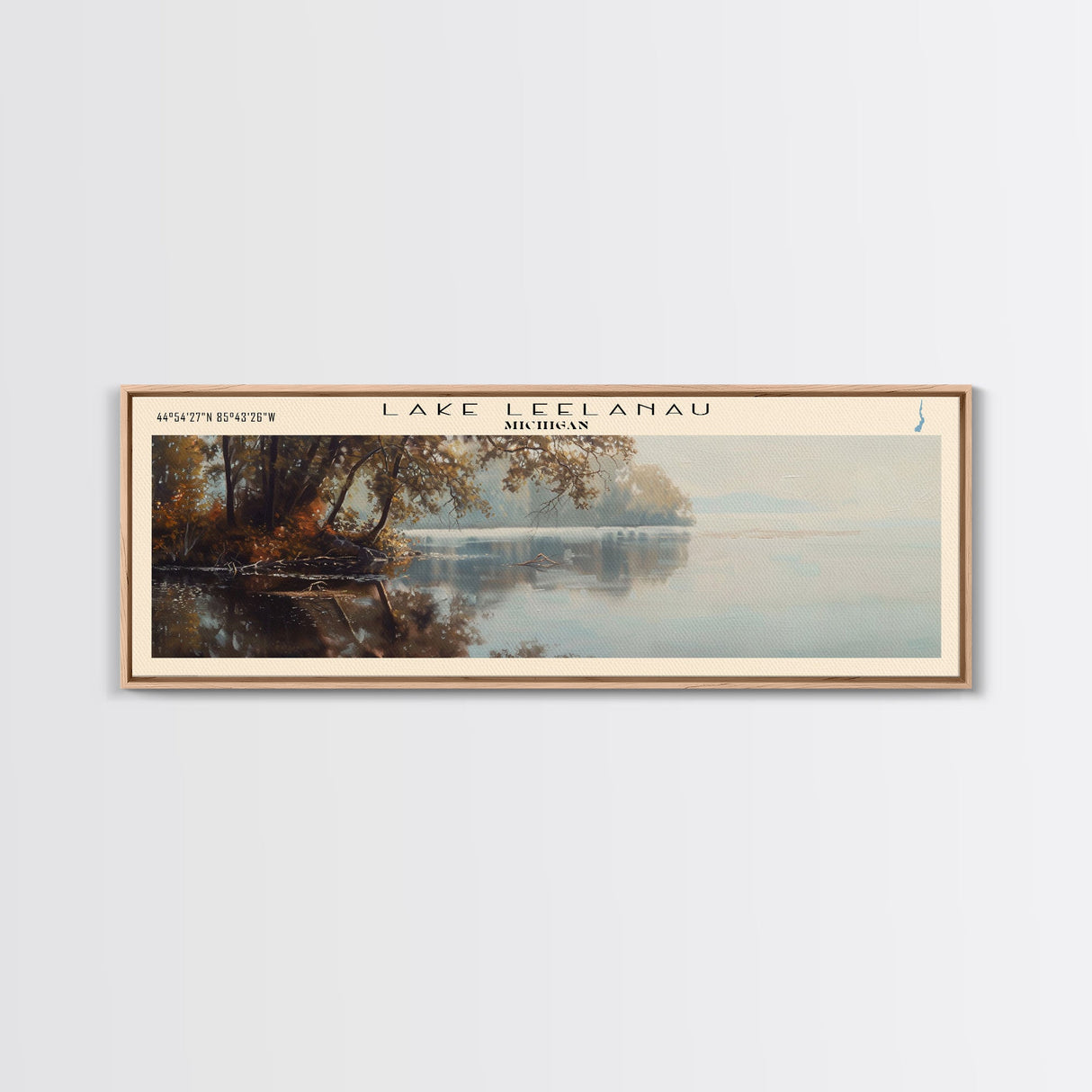 Lake Leelanau Michigan Framed Canvas Print, Lake House Decor, Panoramic Wall Art, Travel Poster, Serene Waterscape Painting, Rustic Art