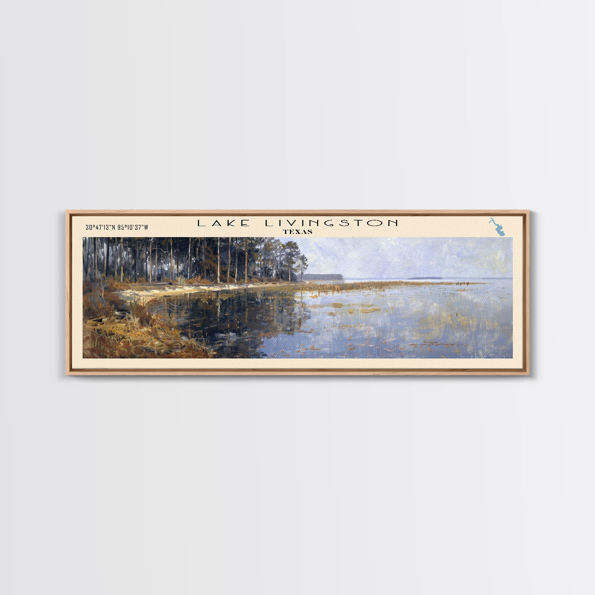 Lake Livingston Texas Framed Canvas Print, Lake House Decor, Panoramic Wall Art, Travel Poster, Scenic Lakeside Painting, Nature Print