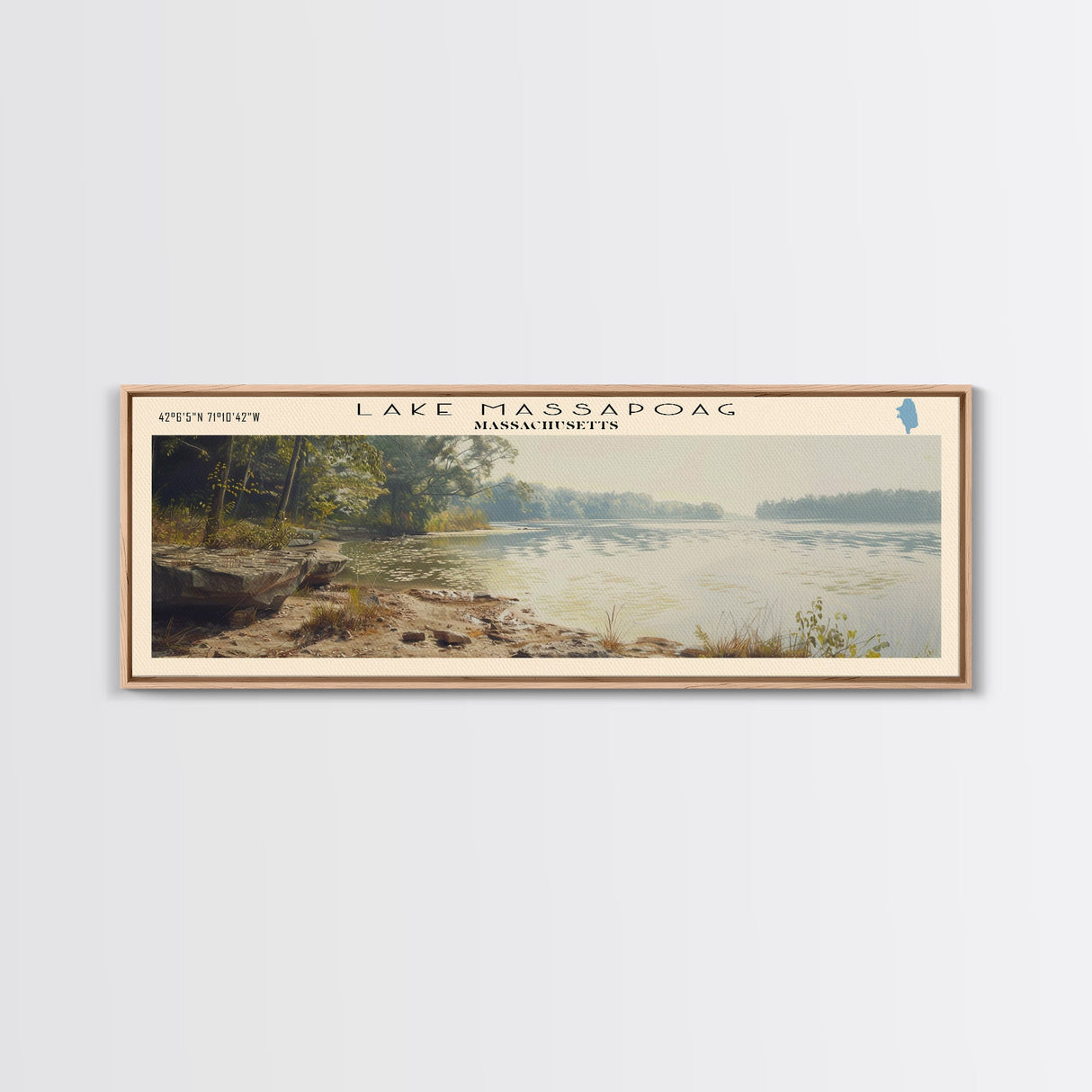 Lake Massapoag Massachusetts Framed Canvas Print, Lake House Decor, Panoramic Wall Art, Travel Poster, Serene Waterscape Painting, Boho Art