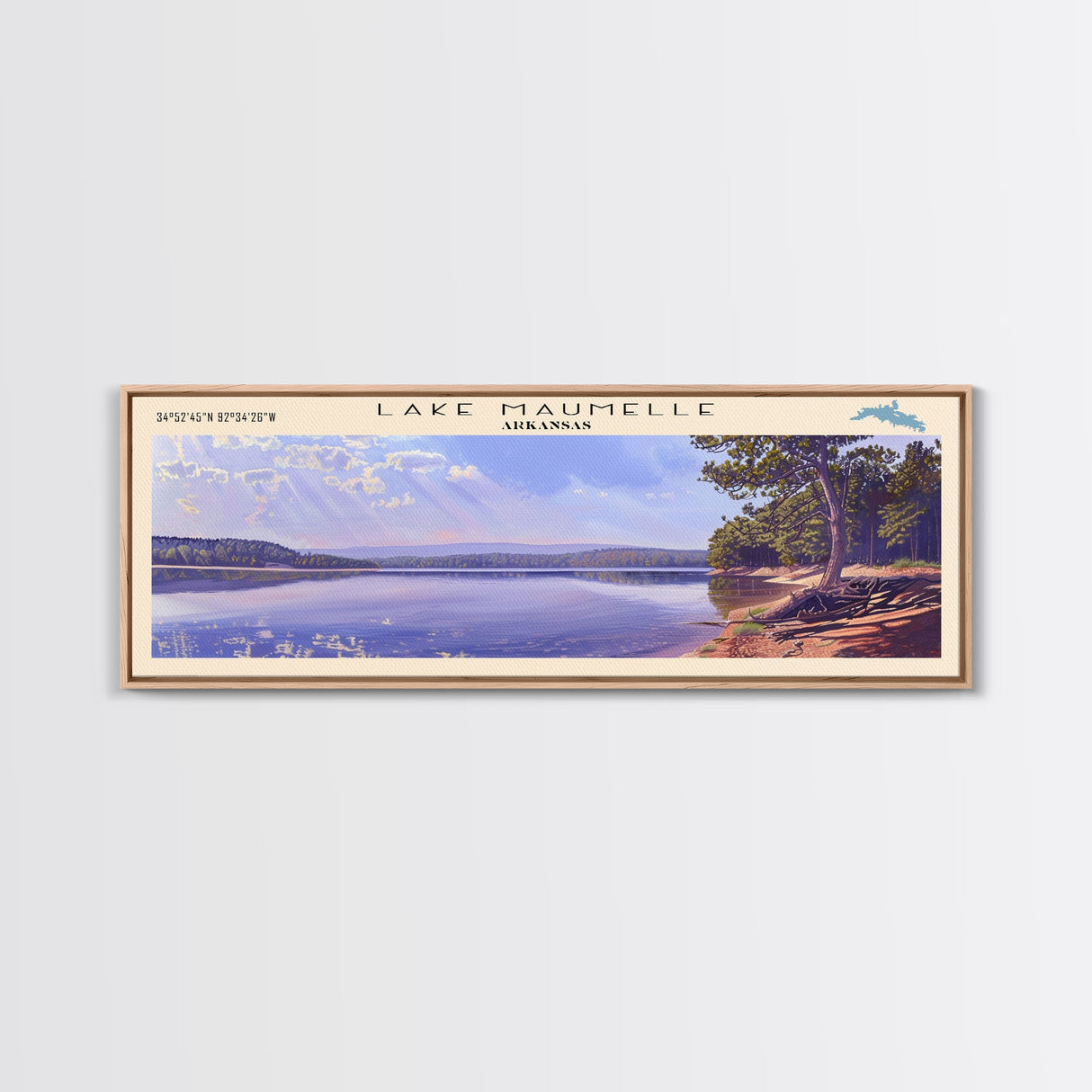 Lake Maumelle Arkansas Framed Canvas Print, Lake House Decor, Panoramic Wall Art, Travel Poster, Scenic Lakeside Painting, Coastal Art