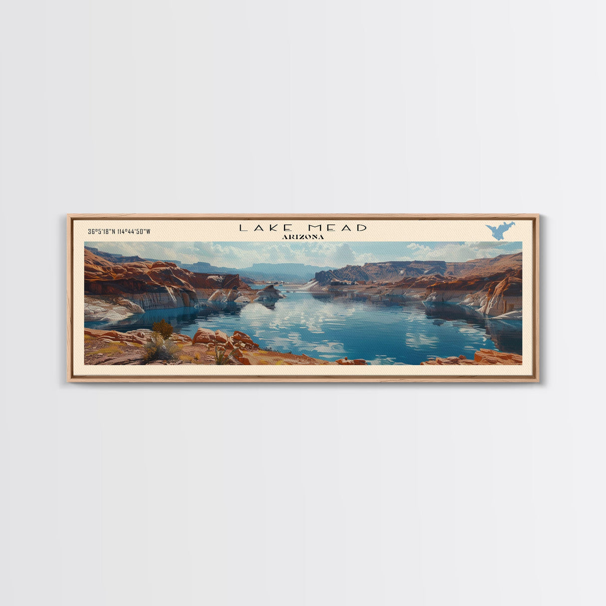 Lake Mead Framed Canvas Print, Lake House Decor, Panoramic Wall Art, Travel Poster, Serene Landscape Painting, Living Room Decor