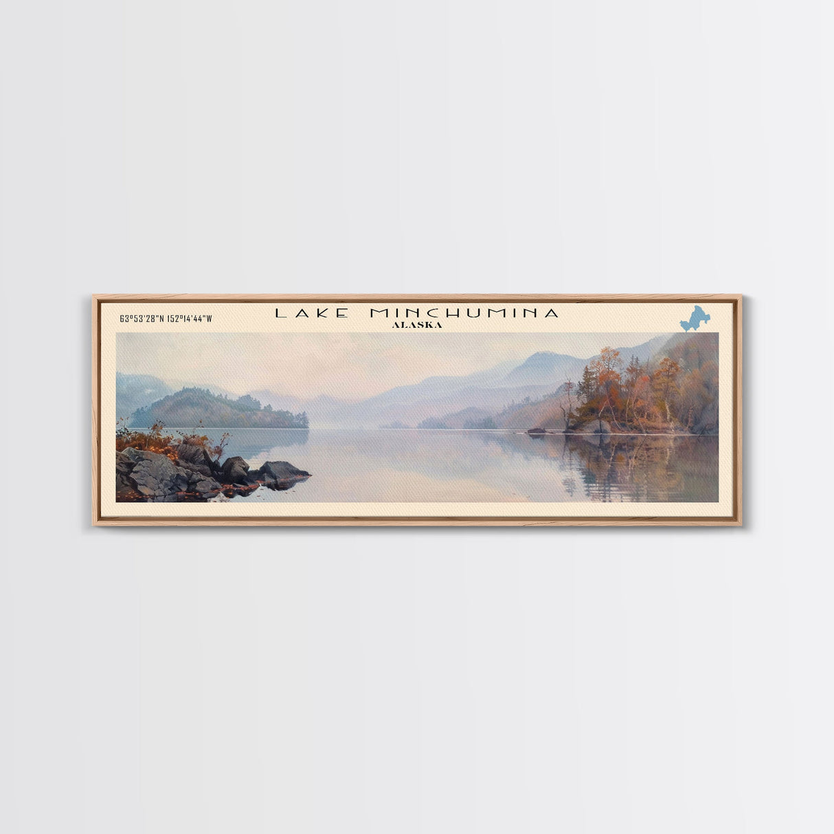 Lake Minchumina Framed Canvas Print, Lake House Decor, Panoramic Wall Art, Travel Poster, Serene Landscape Painting, Bedroom Decor