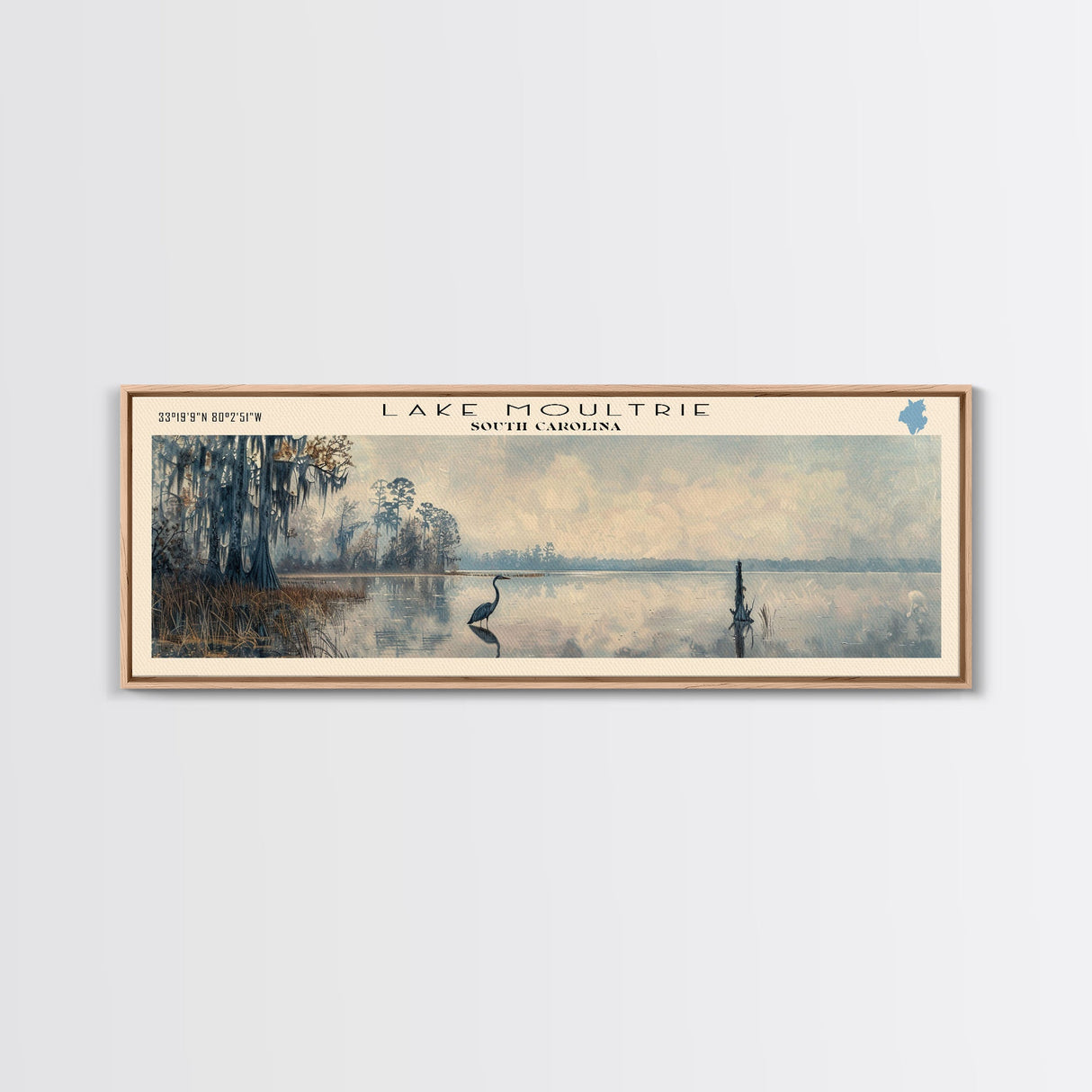 Lake Moultrie South Carolina Framed Canvas Print, Lake House Decor, Panoramic Wall Art, Travel Poster, Serene Landscape Painting, Bedroom Decor