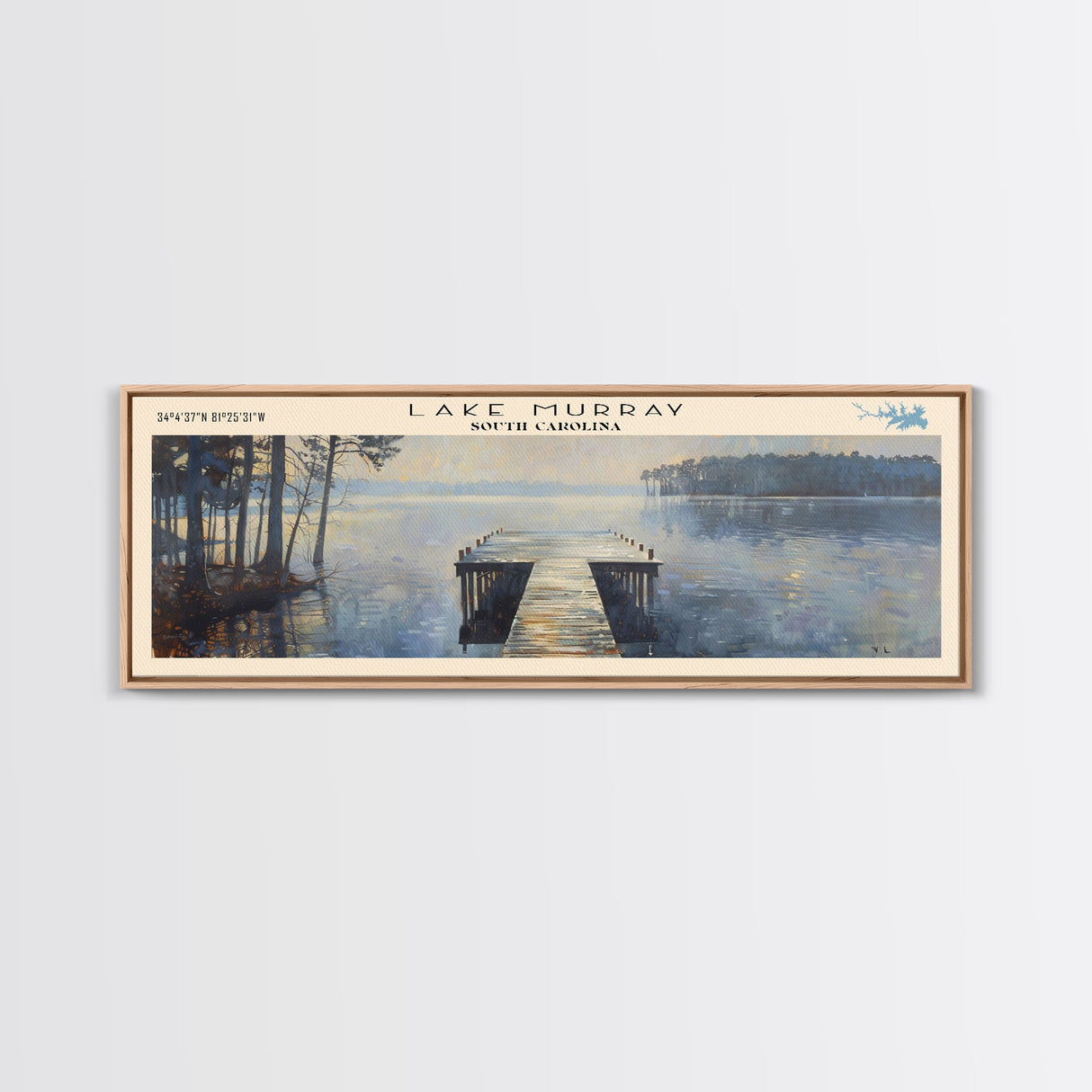 Lake Murray South Carolina Framed Canvas Print, Lake House Decor, Panoramic Wall Art, Travel Poster, Serene Landscape Painting, Bedroom Decor