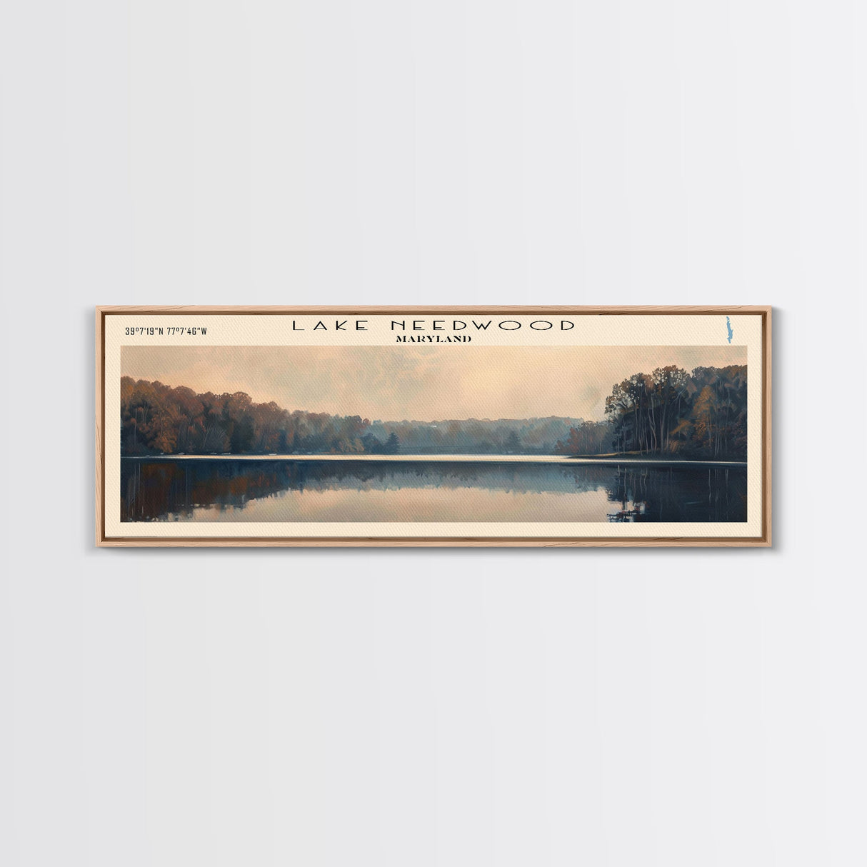 Lake Needwood Maryland Framed Canvas Print, Lake House Decor, Panoramic Wall Art, Travel Poster, Stunning Landscape Painting, Contemporary Art