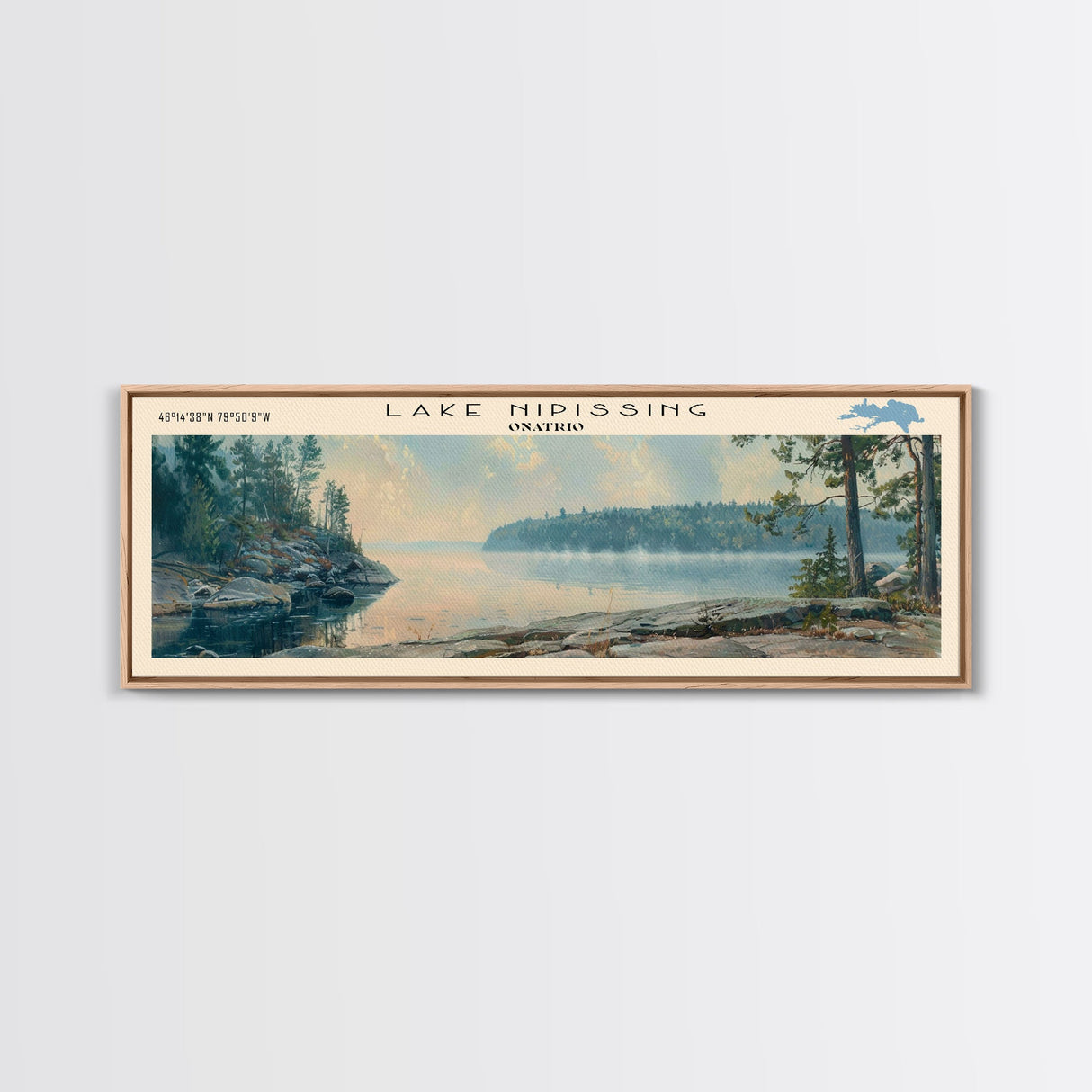 Lake Nipissing Framed Canvas Print, Lake House Decor, Panoramic Wall Art, Travel Poster, Beautiful Landscape Painting, Living Room Decor