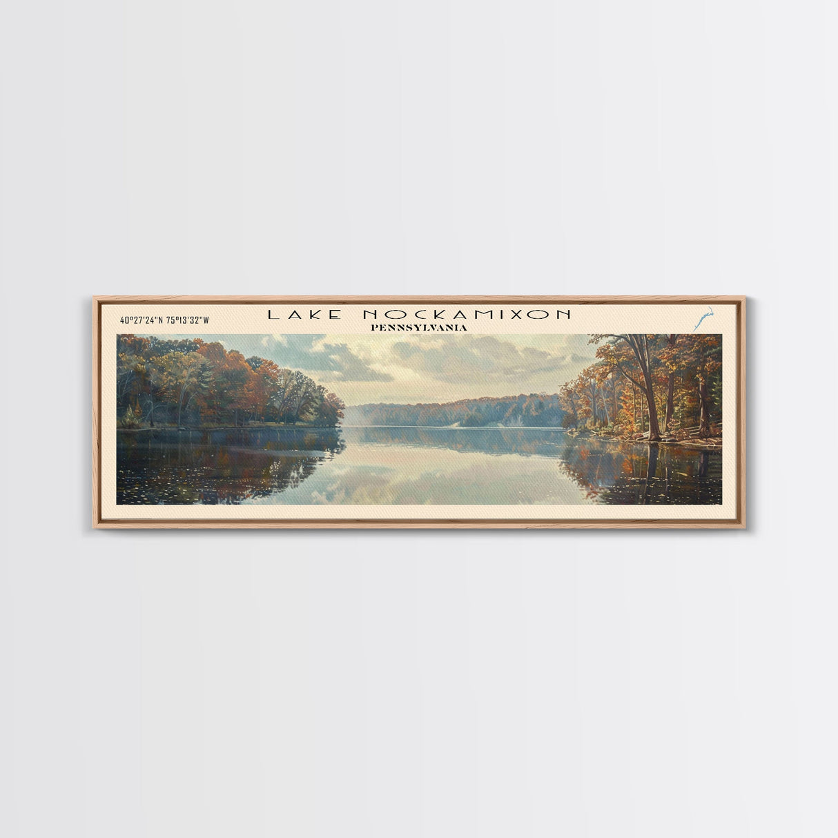 Lake Nockamixon Pennsylvania Framed Canvas Print, Lake House Decor, Panoramic Wall Art, Travel Poster, Stunning Landscape Painting, Bedroom Decor