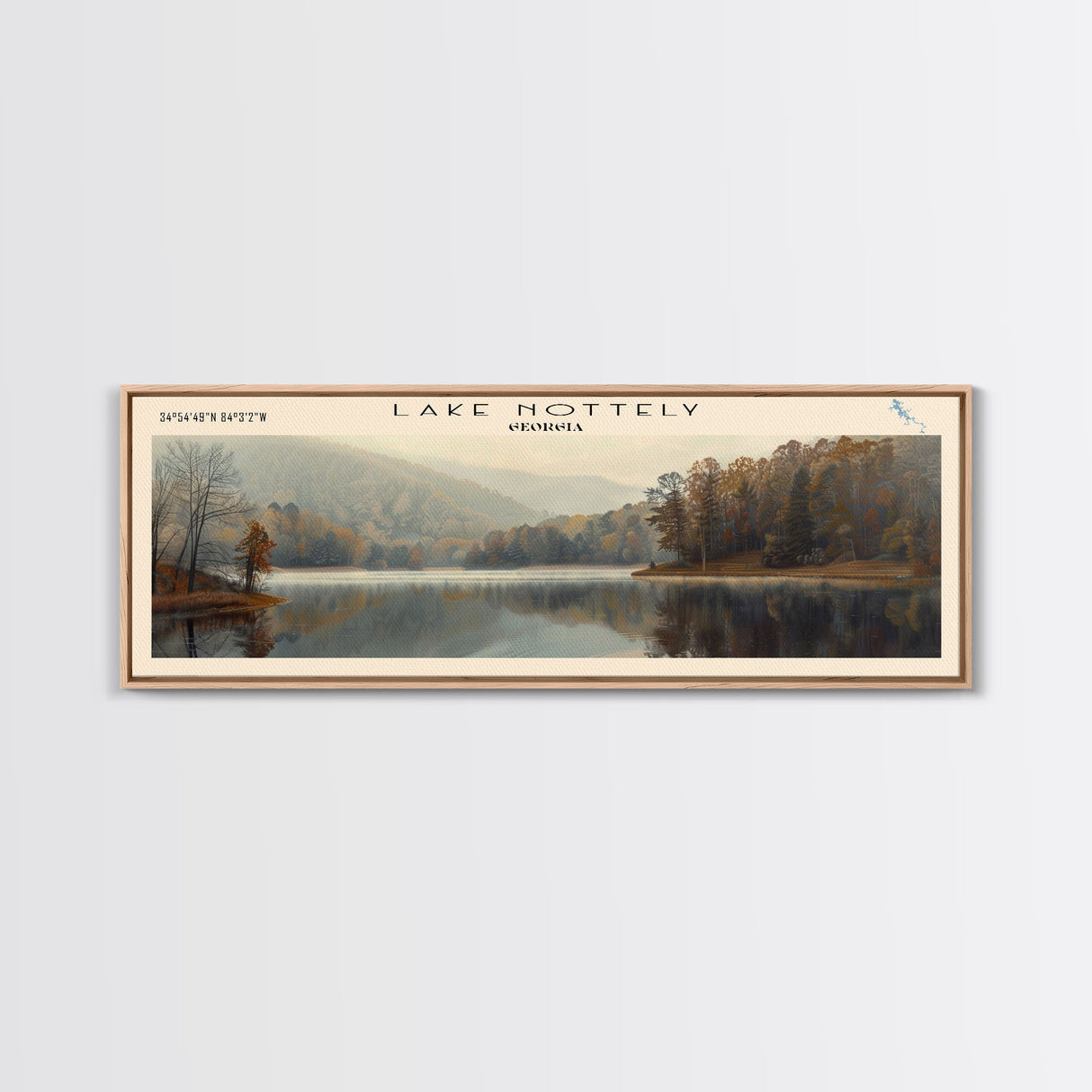 Lake Nottely Georgia Framed Canvas Print, Lake House Decor, Panoramic Wall Art, Travel Poster, Beautiful Landscape Painting, Rustic Art