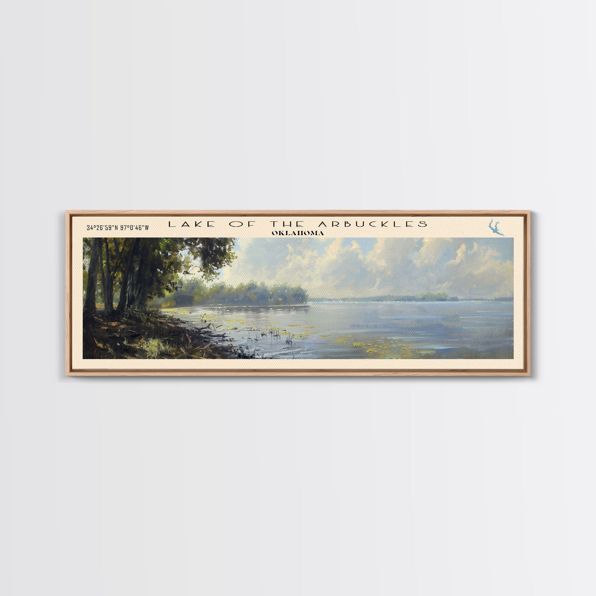 Lake Of The Arbuckles Oklahoma Framed Canvas Print, Lake House Decor, Panoramic Wall Art, Travel Poster, Scenic Landscape Painting, Bedroom Decor