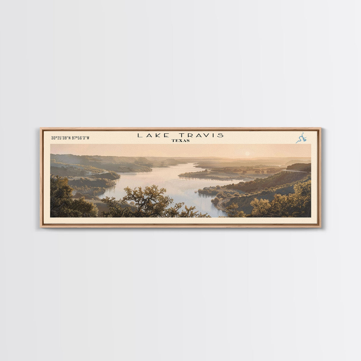 Lake Travis Texas Framed Canvas Print, Lake House Decor, Panoramic Wall Art, Travel Poster, Stunning Landscape Painting, Contemporary Art