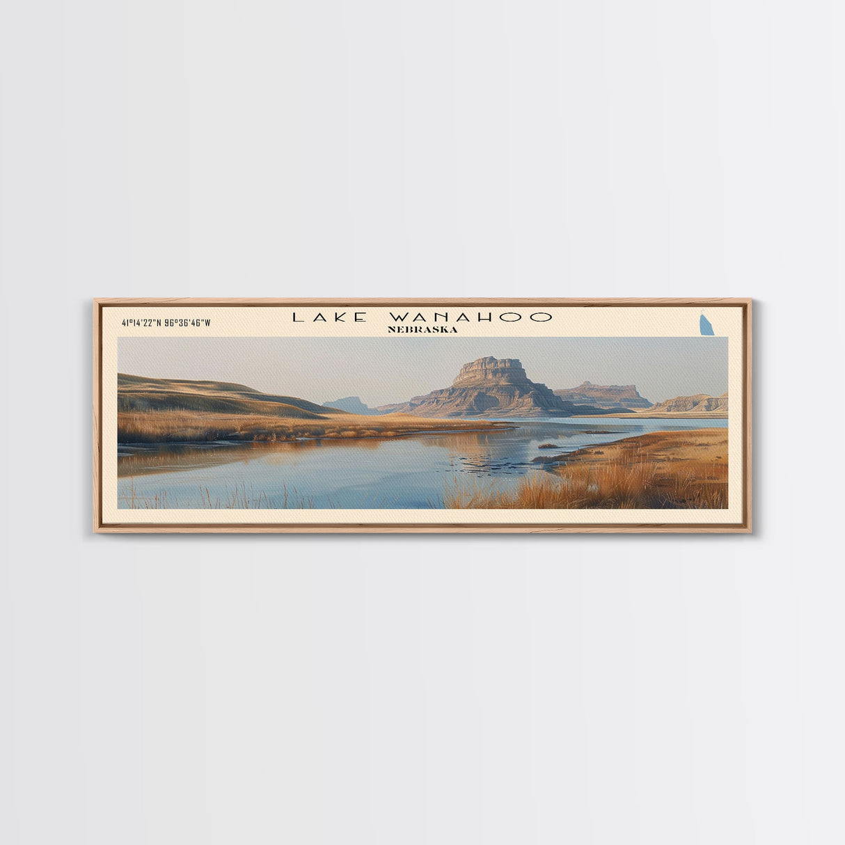 Lake Wanahoo Nebraska Framed Canvas Print, Lake House Decor, Panoramic Wall Art, Travel Poster, Landscape Painting, Bedroom Decor