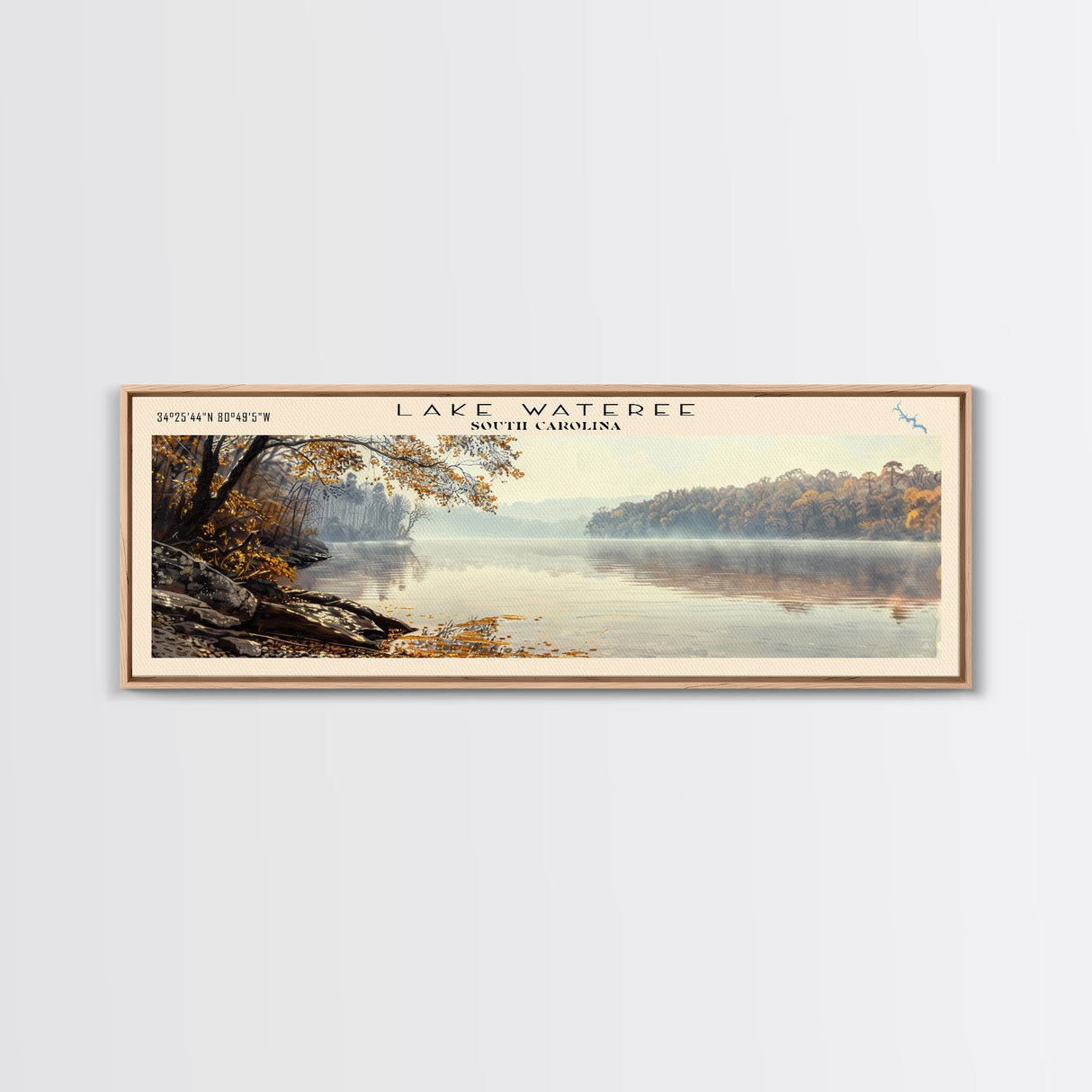 Lake Wateree South Carolina Framed Canvas Print, Lake House Decor, Panoramic Wall Art, Travel Poster, Beautiful Landscape Painting, Modern Art