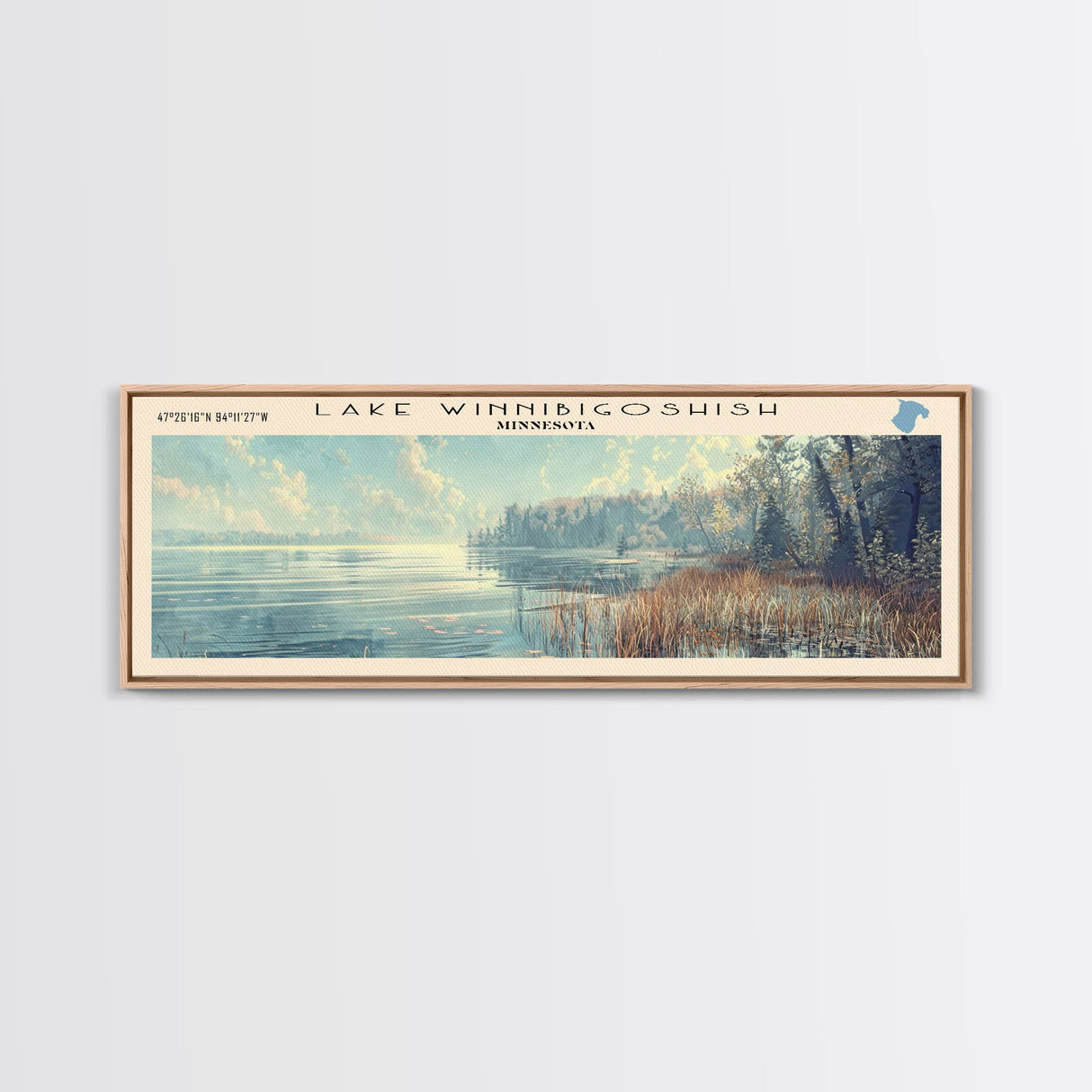 Lake Winnibigoshish Framed Canvas Print, Lake House Decor, Panoramic Wall Art, Travel Poster, Landscape Painting, Bedroom Decor