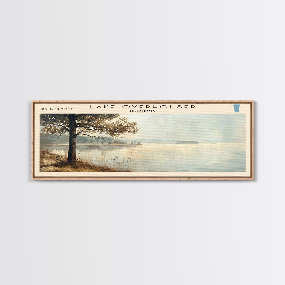 Lake Verholser Oklahoma Framed Canvas Print, Lake House Decor, Panoramic Wall Art, Travel Poster, Landscape Painting, Contemporary Art