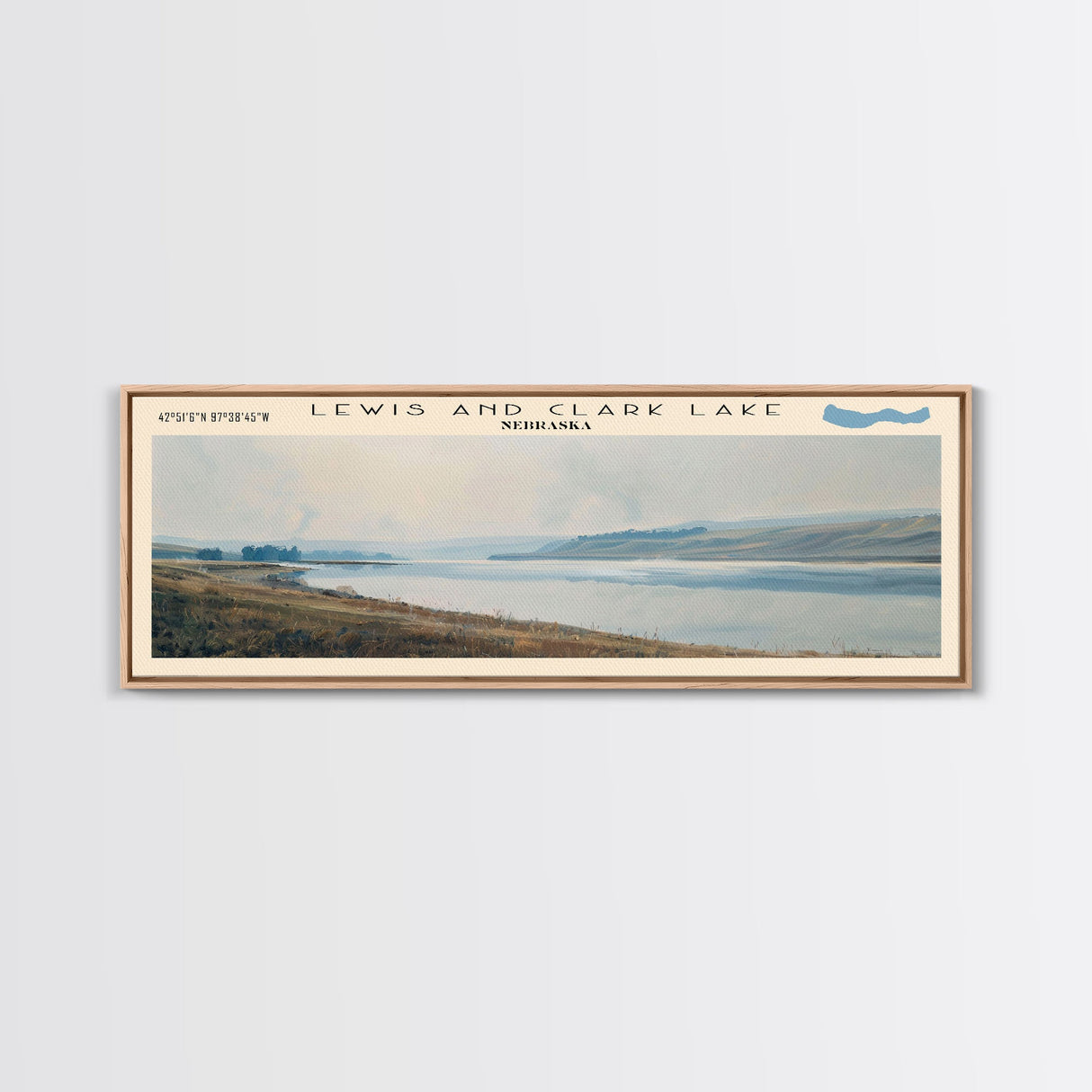 Lewis And Clark Lake Nebraska Framed Canvas Print, Lake House Decor, Panoramic Wall Art, Travel Poster, Scenic Landscape Painting, Contemporary Art