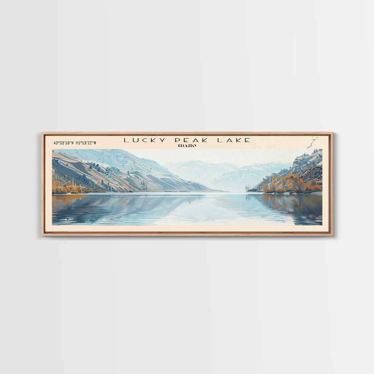 Lucky Peak Lake Idaho Framed Canvas Print, Lake House Decor, Panoramic Wall Art, Travel Poster, Landscape Painting, Modern Art