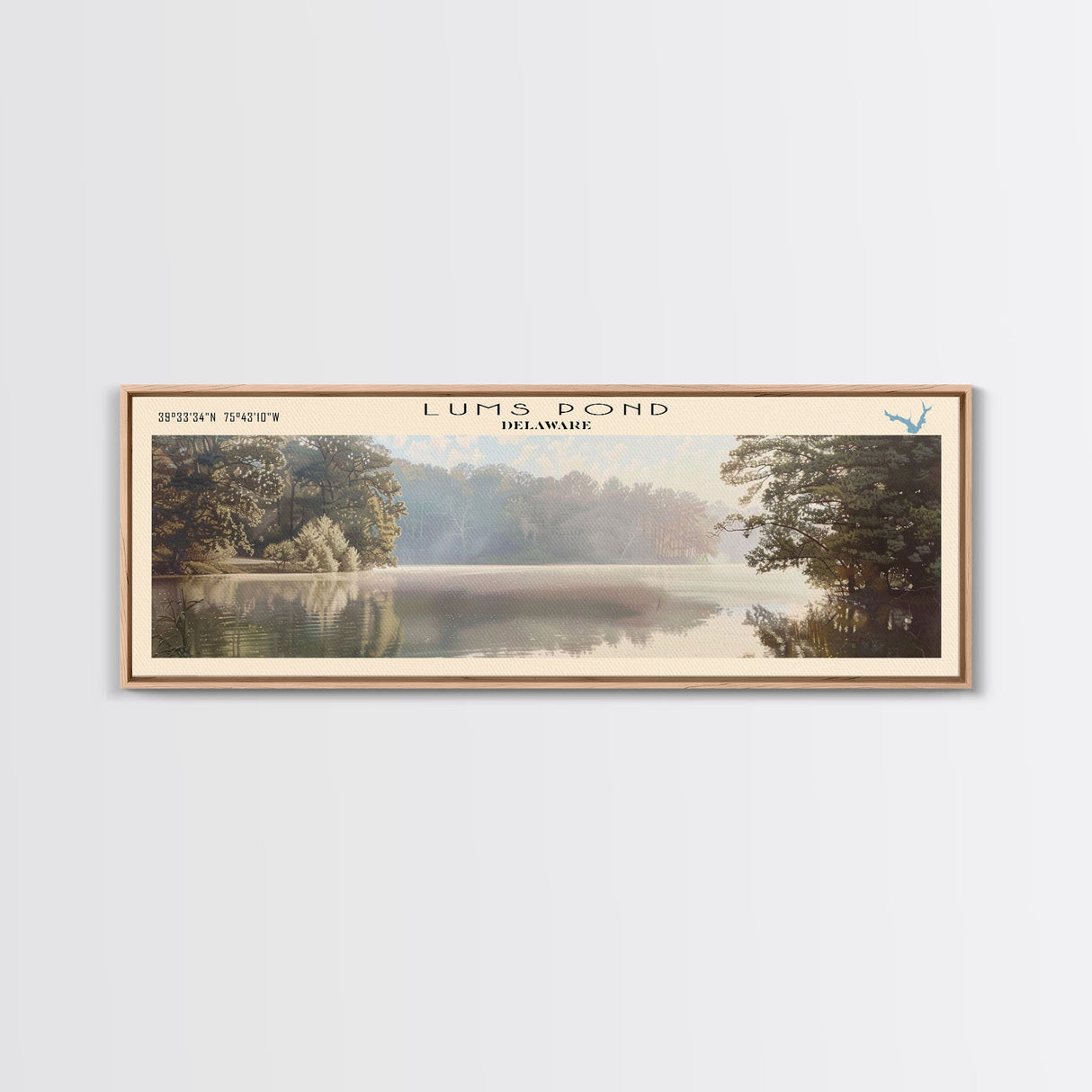 Lums Pond Delaware Framed Canvas Print, Lake House Decor, Panoramic Wall Art, Travel Poster, Scenic Landscape Painting, Contemporary Art