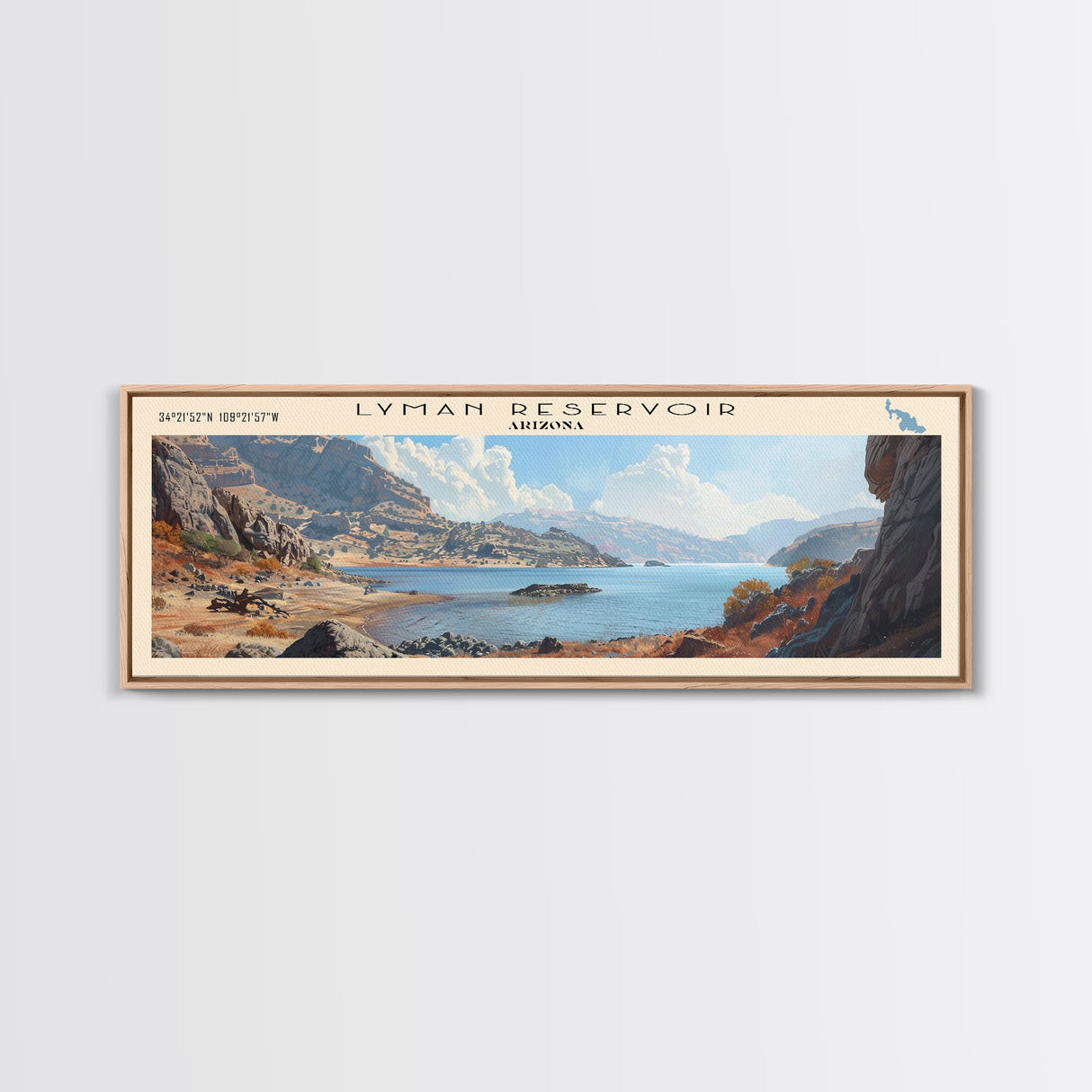 Lyman Reservoir Arizona Framed Canvas Print, Lake House Decor, Panoramic Wall Art, Travel Poster, Beautiful Landscape Painting, Rustic Art