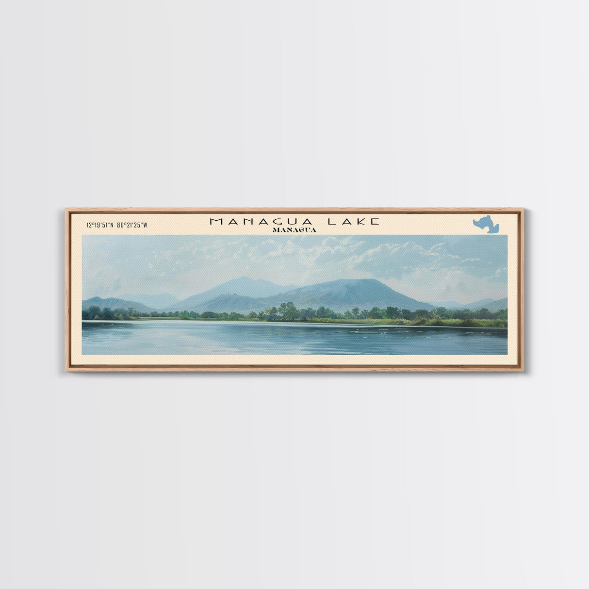 Managua Lake Framed Canvas Print, Lake House Decor, Panoramic Wall Art, Travel Poster, Scenic Landscape Painting, Living Room Decor