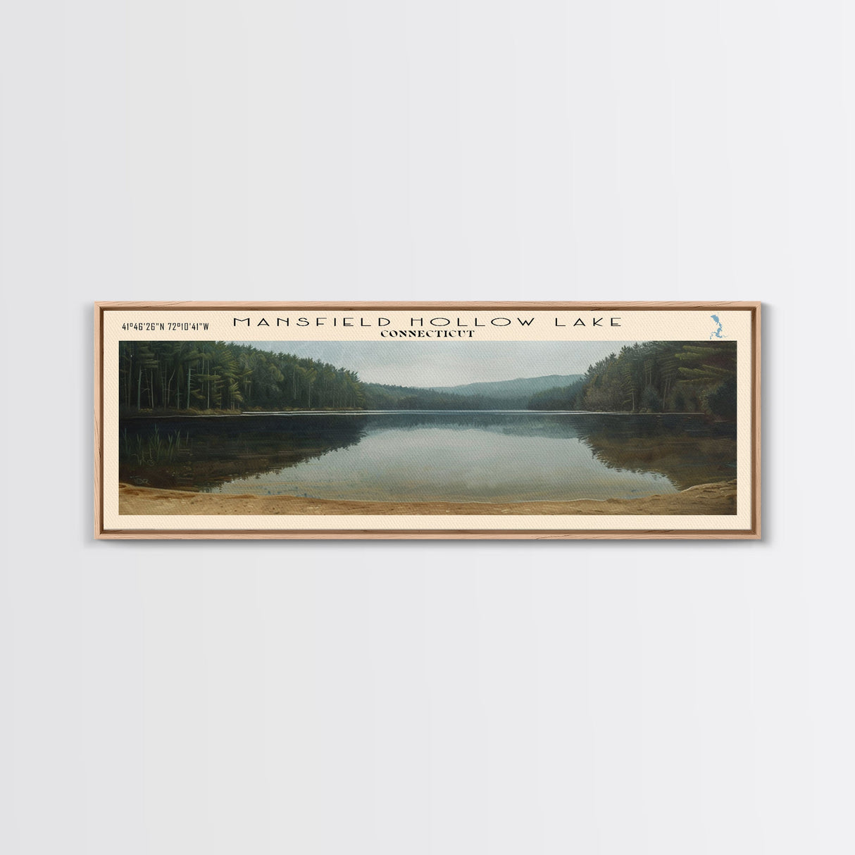 Mansfield Hollow Lake Connecticut Framed Canvas Print, Lake House Decor, Panoramic Wall Art, Travel Poster, Landscape Painting, Contemporary Art