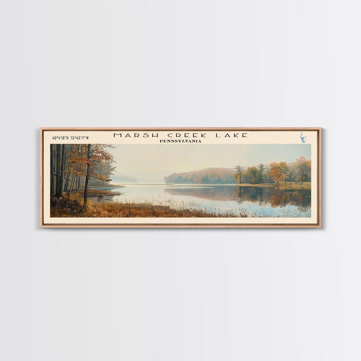 Marsh Creek Lake Pennsylvania Framed Canvas Print, Lake House Decor, Panoramic Wall Art, Travel Poster, Landscape Painting, Modern Art