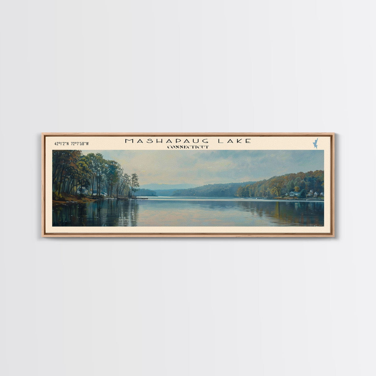 Mashapaug Lake Connecticut Framed Canvas Print, Lake House Decor, Panoramic Wall Art, Travel Poster, Beautiful Landscape Painting, Living Room Decor