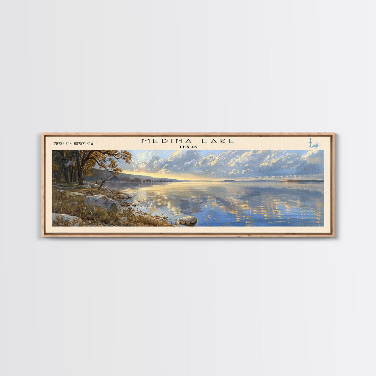 Medina Lake Texas Framed Canvas Print, Lake House Decor, Panoramic Wall Art, Travel Poster, Landscape Painting, Bedroom Decor