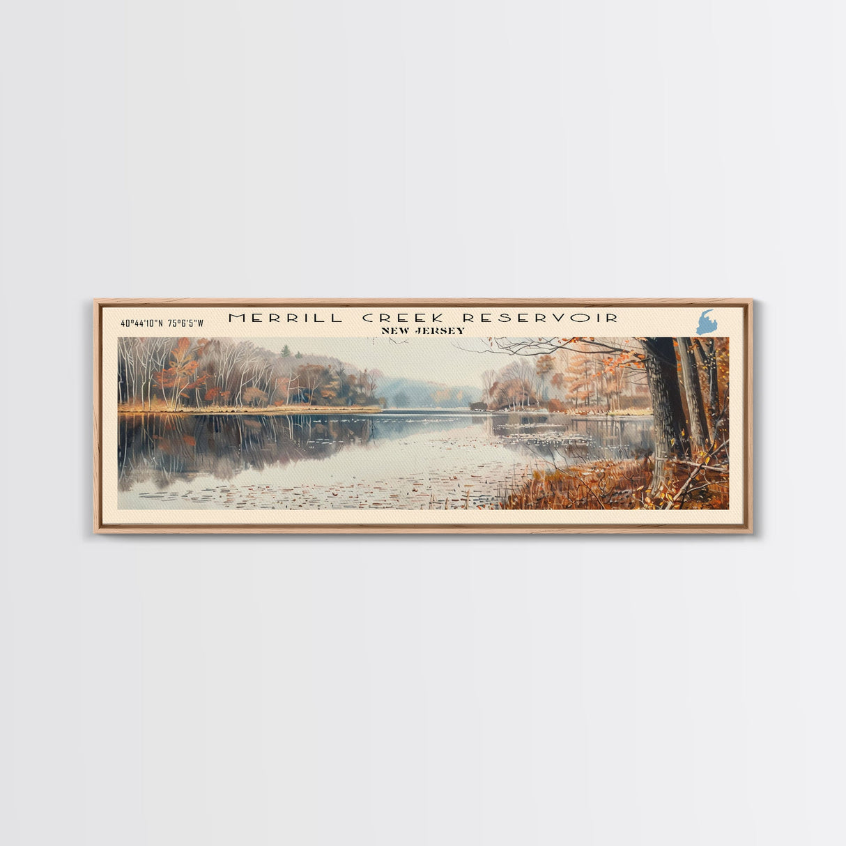 Merrill Creek Reservoir New Jersey Framed Canvas Print, Lake House Decor, Panoramic Wall Art, Travel Poster, Scenic Landscape Painting, Living Room Decor