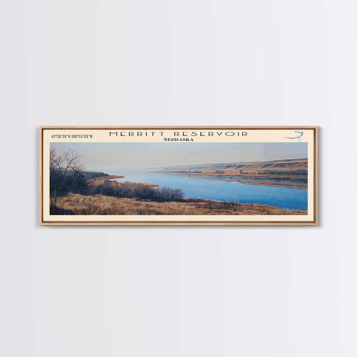 Merritt Reservoir Nebraska Framed Canvas Print, Lake House Decor, Panoramic Wall Art, Travel Poster, Beautiful Landscape Painting, Modern Art