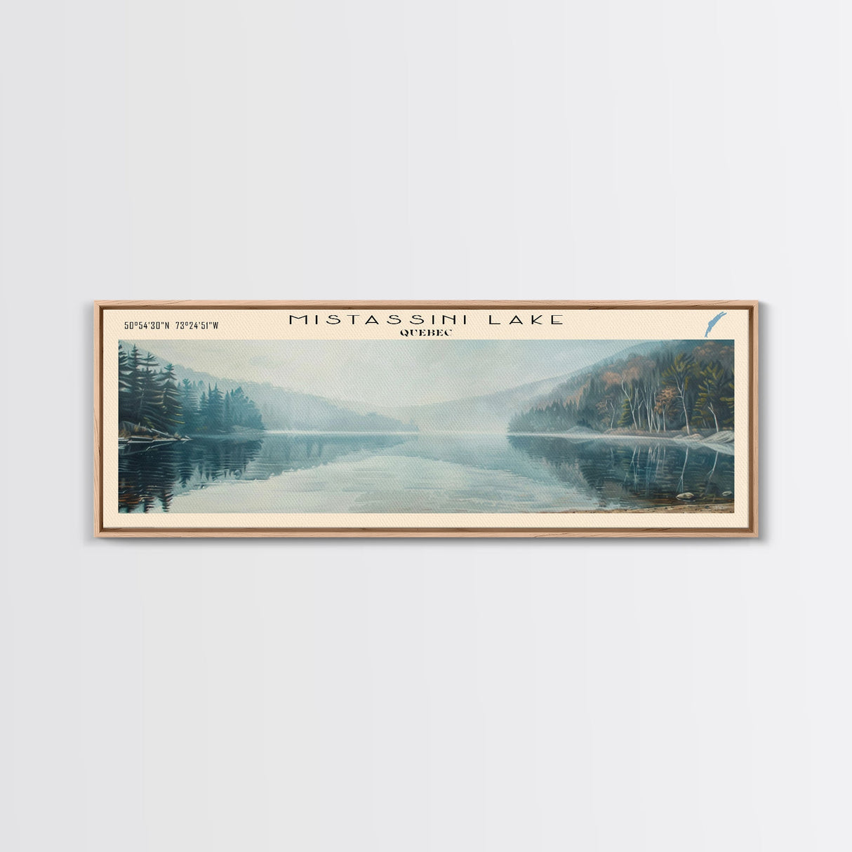 Mistassini Lake Framed Canvas Print, Lake House Decor, Panoramic Wall Art, Travel Poster, Beautiful Landscape Painting, Living Room Decor