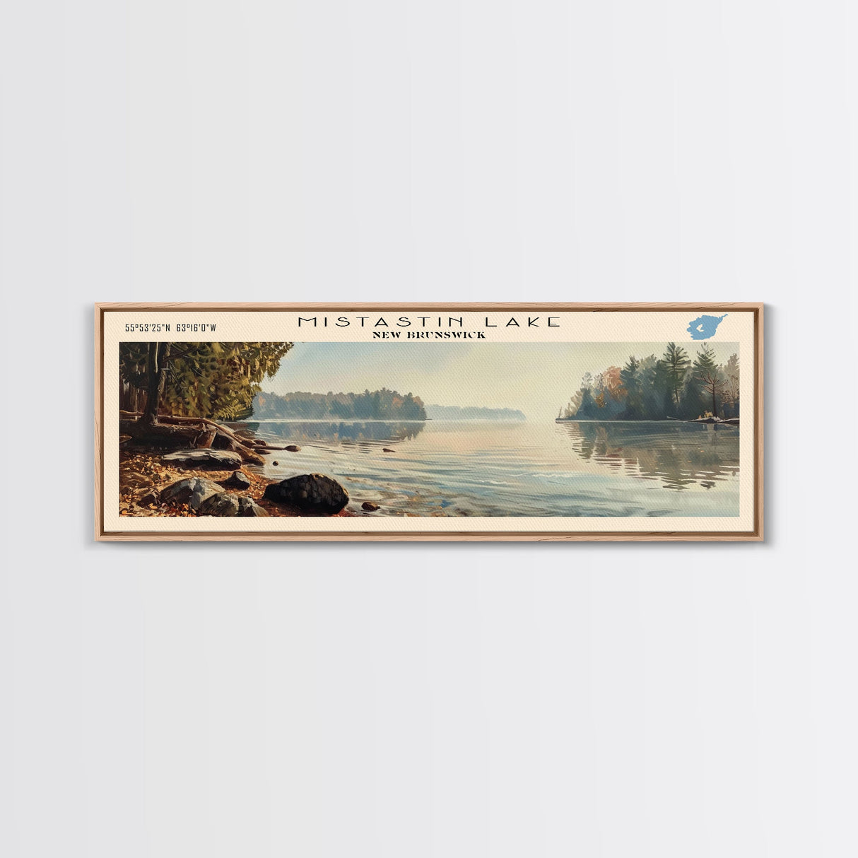 Mistastin Lake Framed Canvas Print, Lake House Decor, Panoramic Wall Art, Travel Poster, Landscape Painting, Modern Art