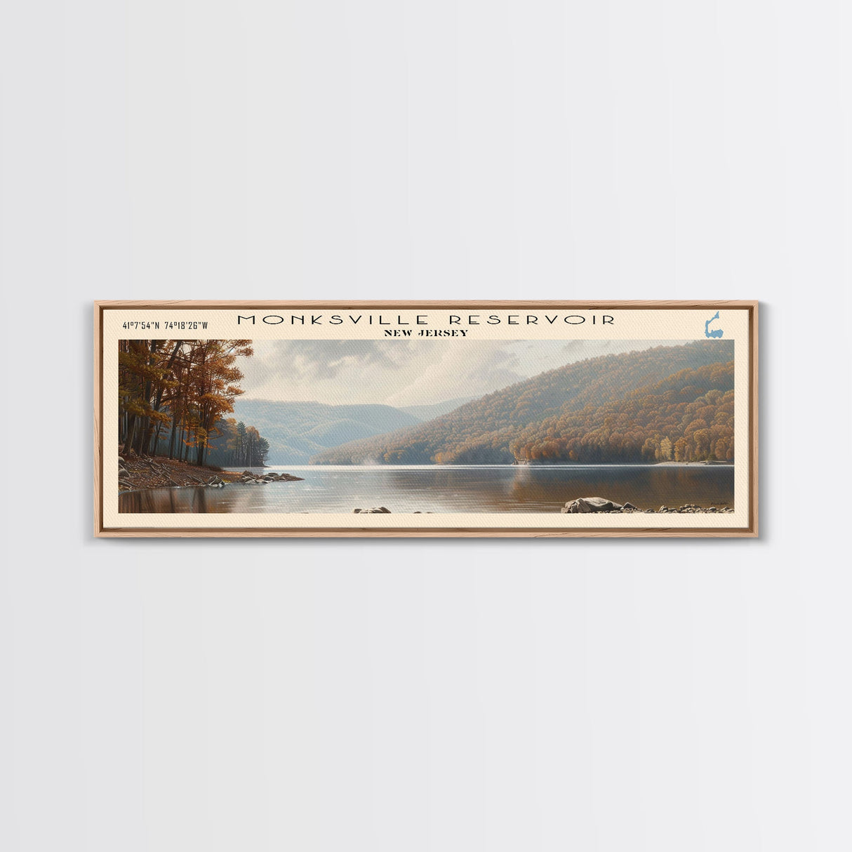 Monksville Reservoir New Jersey Framed Canvas Print, Lake House Decor, Panoramic Wall Art, Travel Poster, Landscape Painting, Bedroom Decor