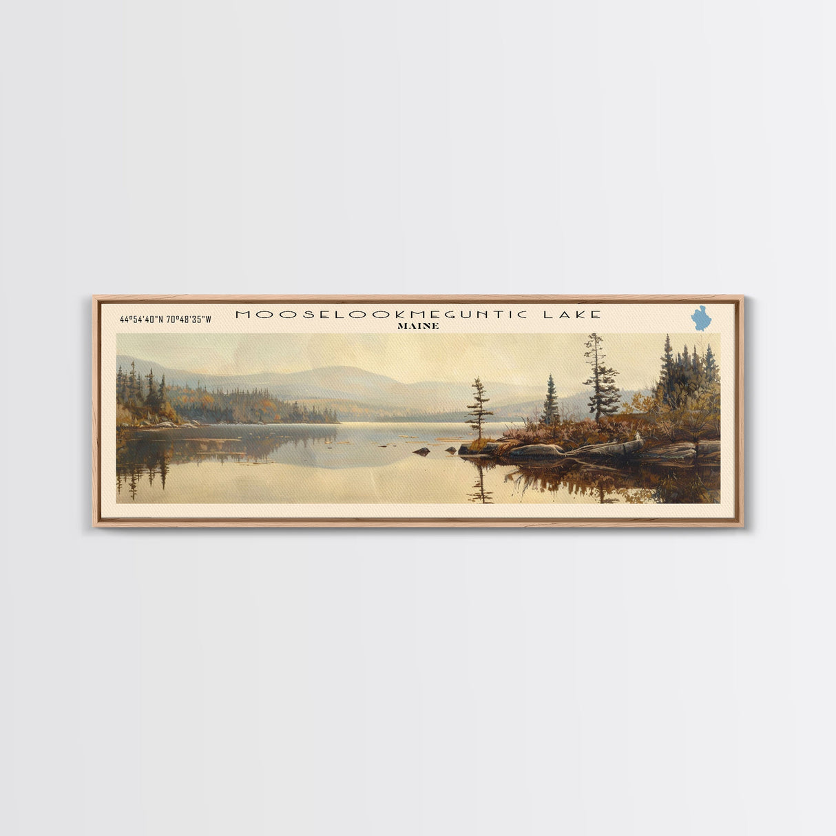 Mooselookmeguntic Lake Maine Framed Canvas Print, Lake House Decor, Panoramic Wall Art, Travel Poster, Landscape Painting, Modern Art