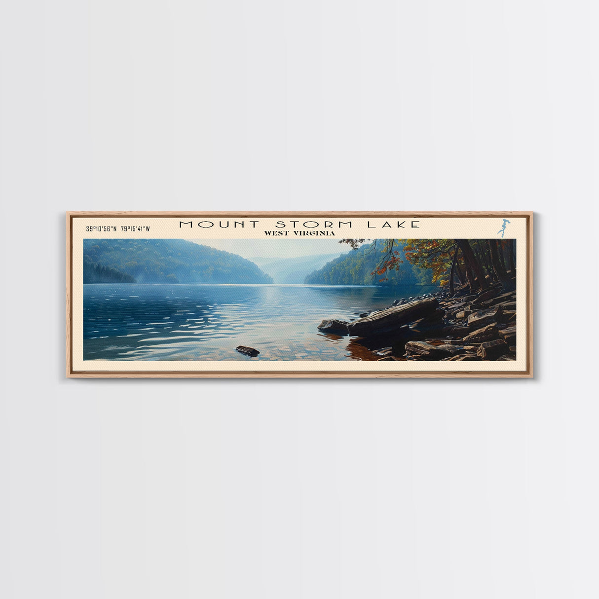 Mount Storm Lake West Virginia Framed Canvas Print, Lake House Decor, Panoramic Wall Art, Travel Poster, Landscape Painting, Contemporary Art