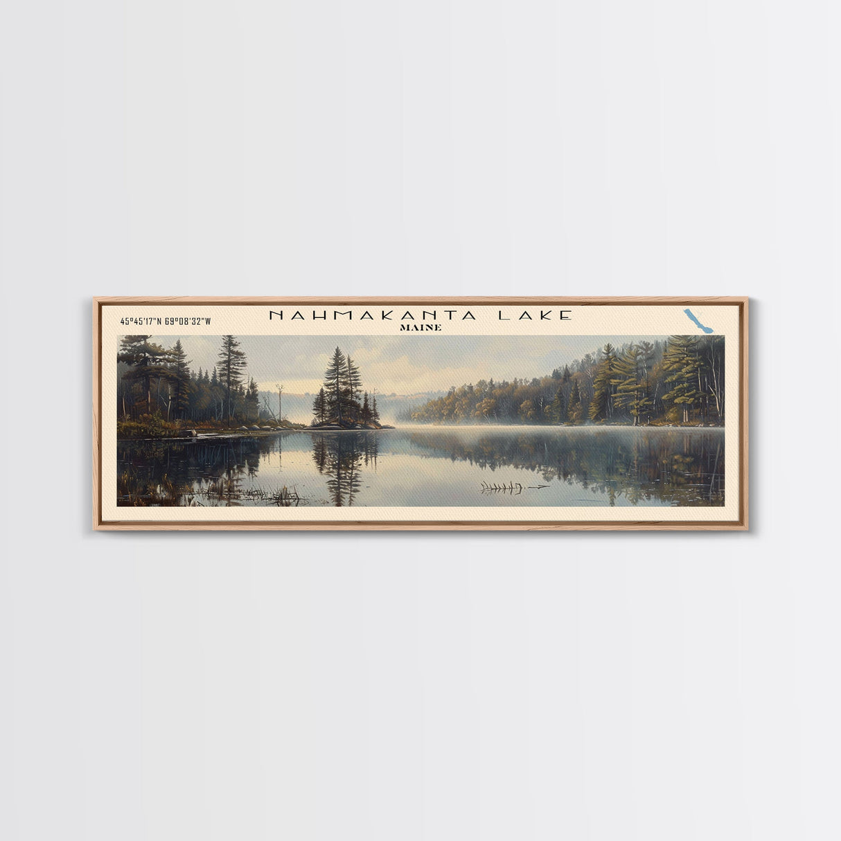 Nahmakanta Lake Maine Framed Canvas Print, Lake House Decor, Panoramic Wall Art, Travel Poster, Beautiful Landscape Painting, Living Room Decor